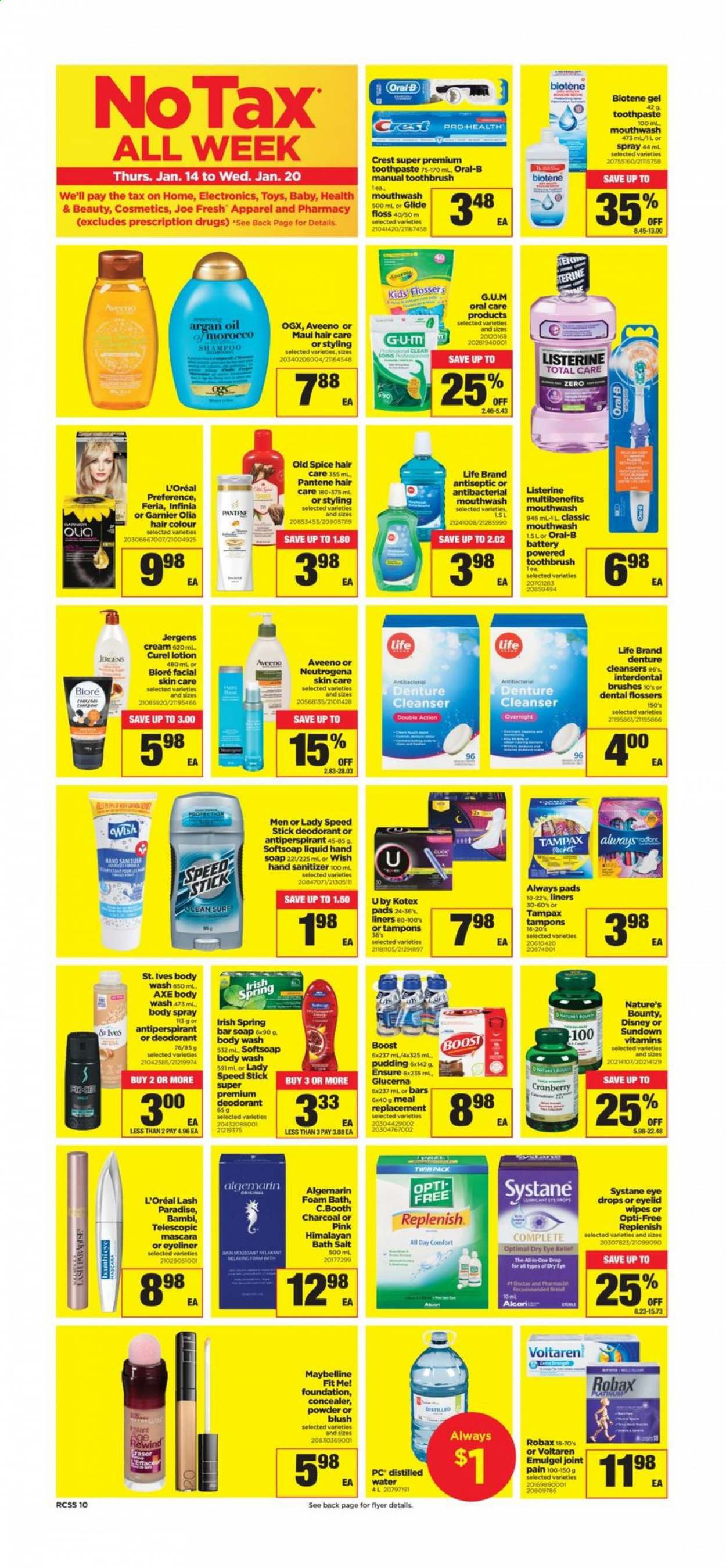 thumbnail - Real Canadian Superstore Flyer - January 14, 2021 - January 20, 2021 - Sales products - Disney, pudding, spice, Boost, tea, wipes, Aveeno, bath salt, body wash, Softsoap, hand soap, bath foam, soap bar, soap, Biotene, toothbrush, toothpaste, mouthwash, Crest, Always pads, Kotex, Kotex pads, tampons, cleanser, L’Oréal, Curél, Bioré®, OGX, hair color, body lotion, body spray, Jergens, anti-perspirant, Speed Stick, lubricant, hand sanitizer, corrector, eyeliner, eraser, battery, toys, Nature's Bounty, Glucerna, eye drops, argan oil, Garnier, Listerine, mascara, Maybelline, Neutrogena, shampoo, Systane, Tampax, Pantene, Old Spice, Oral-B, deodorant. Page 10.