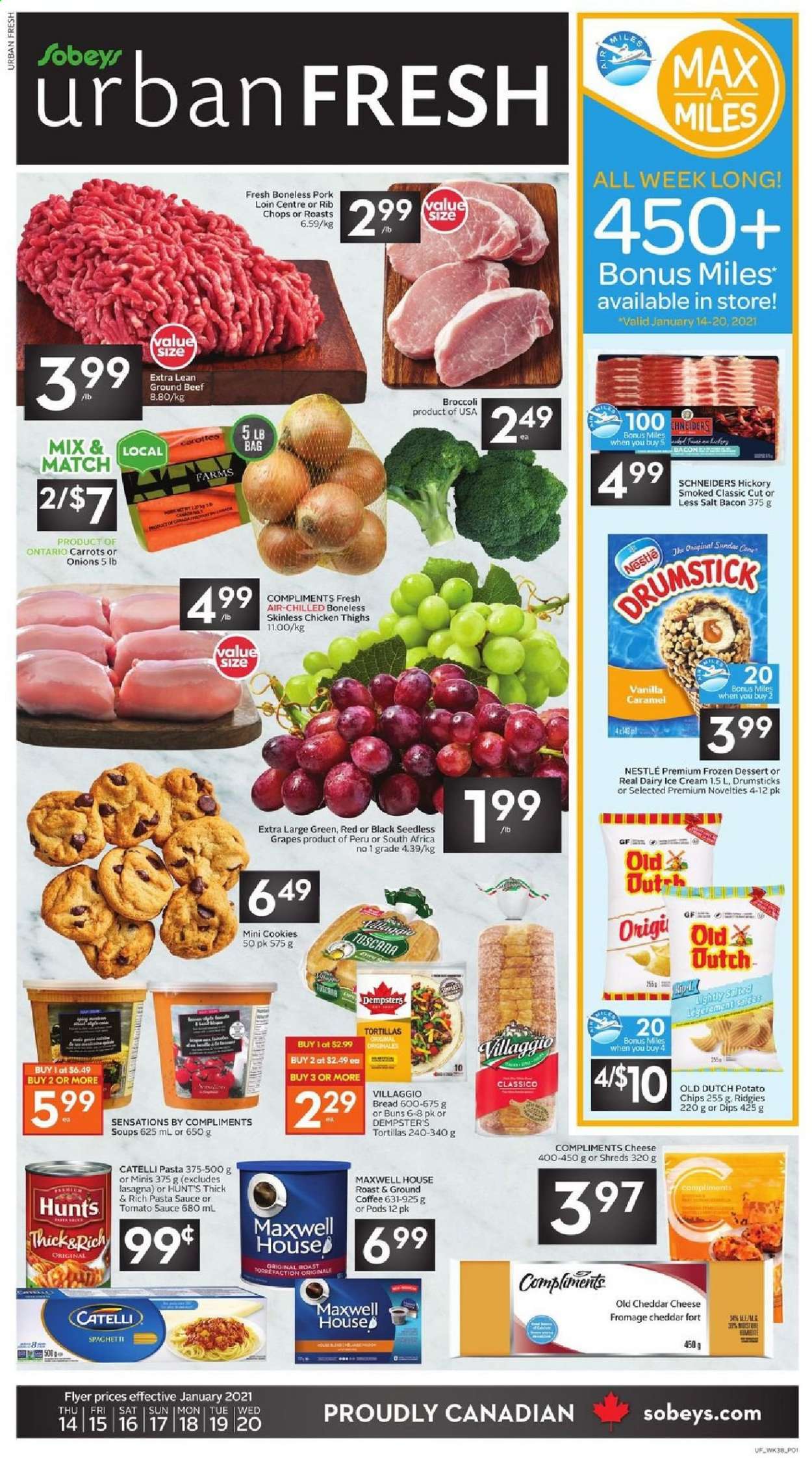 thumbnail - Sobeys Urban Fresh Flyer - January 14, 2021 - January 20, 2021 - Sales products - bread, tortillas, buns, broccoli, carrots, grapes, seedless grapes, spaghetti, pasta sauce, bacon, cheese, ice cream, cookies, potato chips, tomato sauce, caramel, Classico, Maxwell House, coffee, ground coffee, chicken thighs, chicken, beef meat, ground beef, pork loin, pork meat, rib chops, Nestlé. Page 1.
