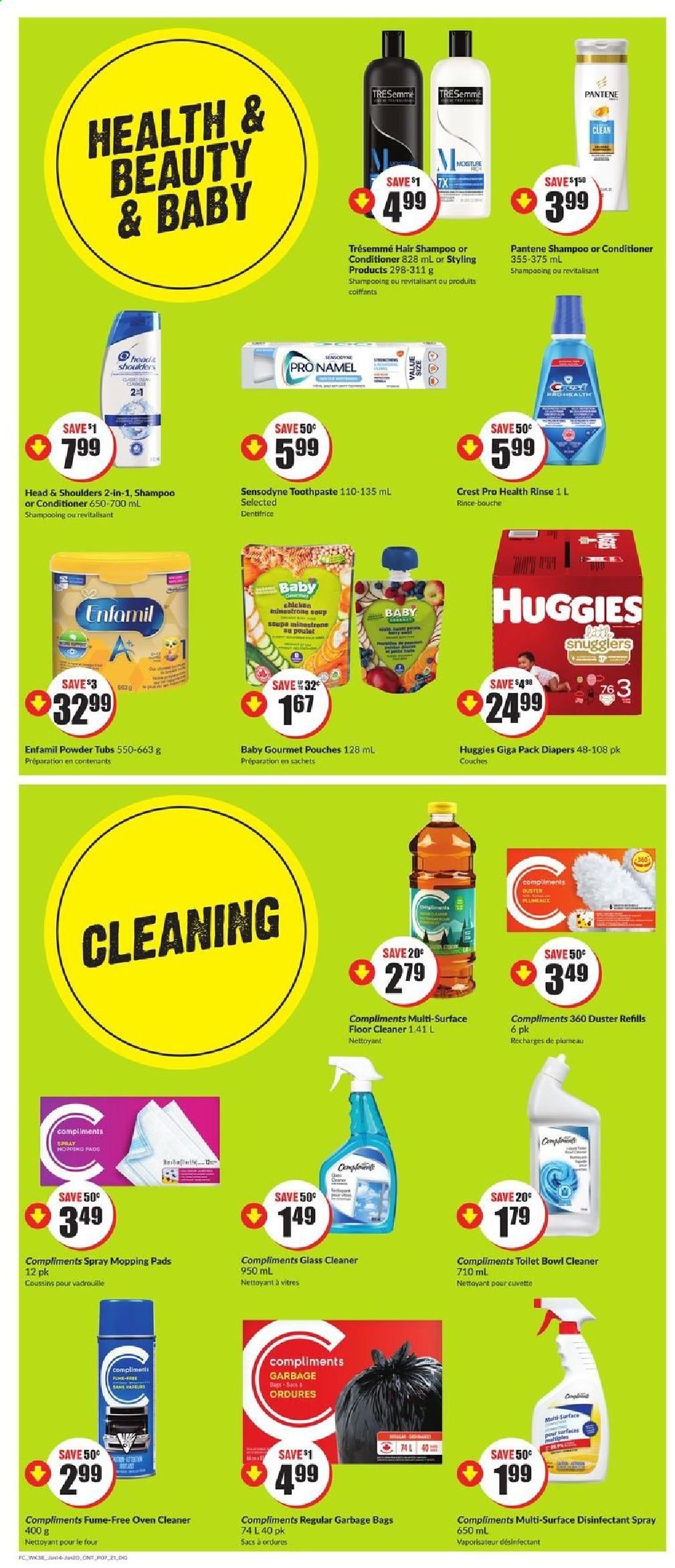 thumbnail - FreshCo. Flyer - January 14, 2021 - January 20, 2021 - Sales products - soup, Enfamil, antibacterial spray, shampoo, Huggies, Sensodyne, desinfection. Page 7.