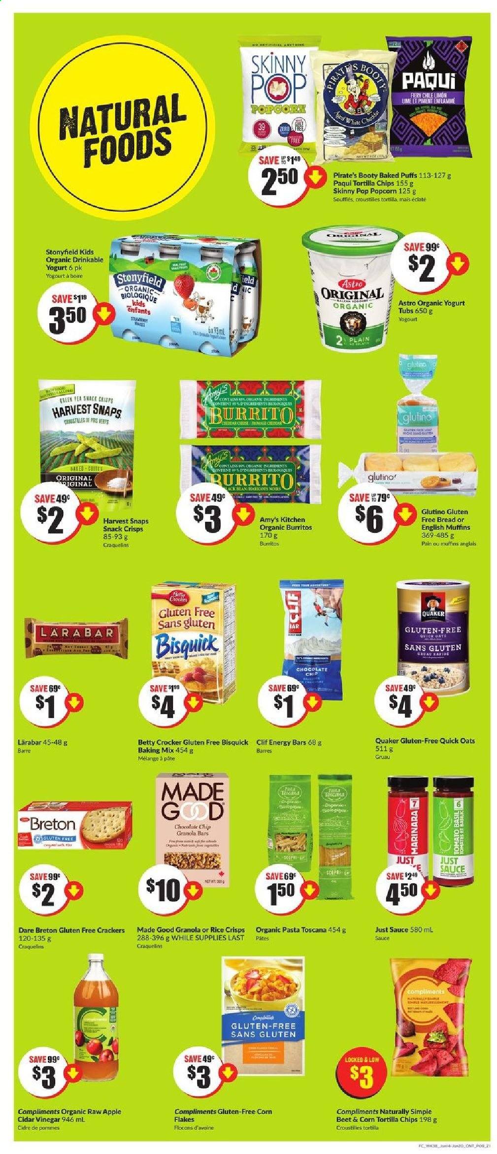 thumbnail - FreshCo. Flyer - January 14, 2021 - January 20, 2021 - Sales products - bread, english muffins, puffs, pasta, sauce, burrito, Quaker, yoghurt, organic yoghurt, snack, crackers, tortilla chips, popcorn, rice crisps, Skinny Pop, Bisquick, oats, Harvest Snaps, corn flakes, granola bar, energy bar, Quick Oats, rice, tea, chips. Page 9.