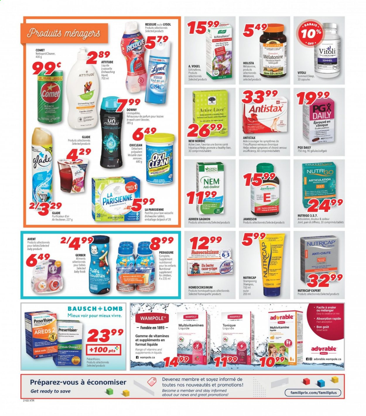 thumbnail - Familiprix Extra Flyer - January 14, 2021 - January 20, 2021 - Sales products - chocolate, pastilles, Gerber, puffs, cleaner, bleach, Lysol, OxiClean, Unstopables, dishwashing liquid, Clinique, Omega-3, nutritional supplement, Echinaforce, shampoo. Page 6.