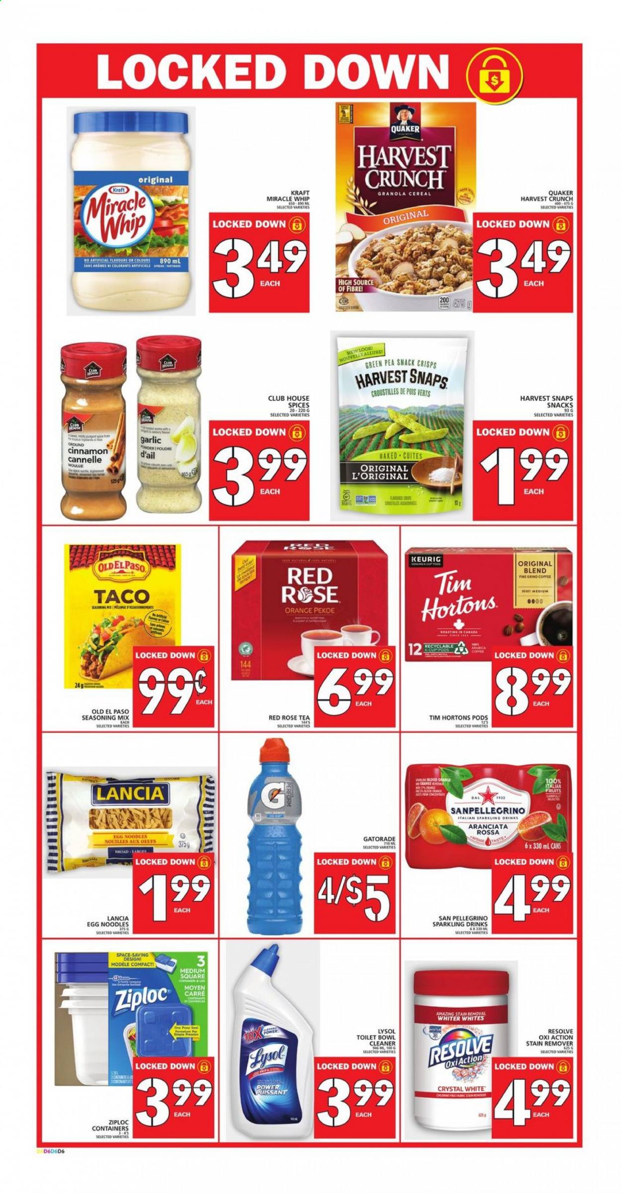 thumbnail - Food Basics Flyer - January 14, 2021 - January 20, 2021 - Sales products - Old El Paso, garlic, Quaker, noodles, Kraft®, Miracle Whip, snack, Harvest Snaps, cereals, egg noodles, spice, cinnamon, Gatorade, San Pellegrino, tea, coffee, Keurig, wine, rosé wine, cleaner, stain remover, Lysol, Ziploc, granola. Page 6.