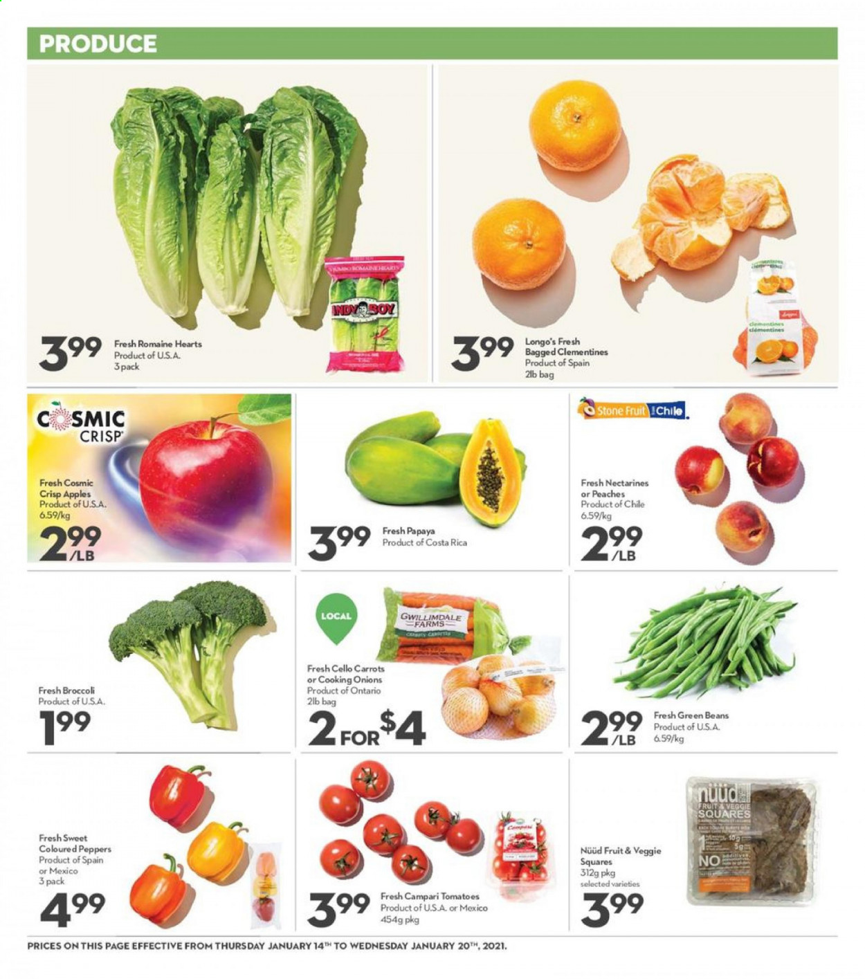 thumbnail - Longo's Flyer - January 14, 2021 - January 20, 2021 - Sales products - beans, broccoli, carrots, green beans, tomatoes, onion, peppers, apples, clementines, nectarines, papaya, peaches. Page 4.