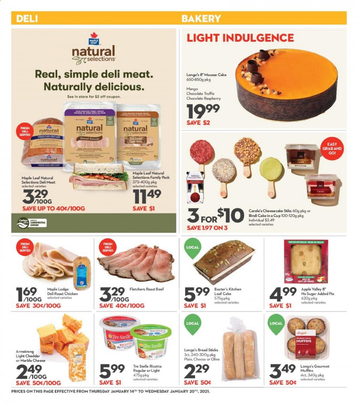 thumbnail - Longo's Flyer - January 14, 2021 - January 20, 2021 - Sales products - cake, pie, cheesecake, muffin, loaf cake, mango, chicken roast, cheddar, chocolate, truffles, bread sticks, beef meat, roast beef, Go!, ricotta. Page 6.