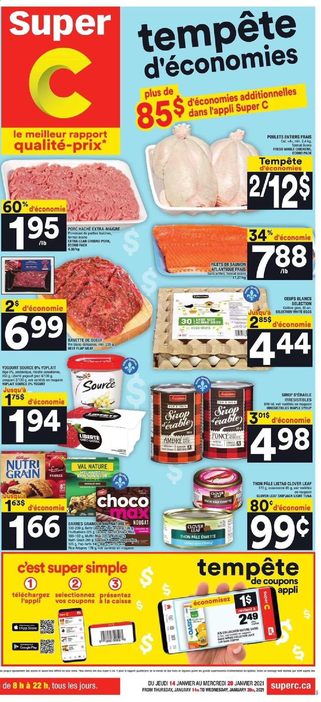 thumbnail - Super C Flyer - January 14, 2021 - January 20, 2021 - Sales products - tuna, Clover, Yoplait, eggs, Pop-Tarts, light tuna, Rice Krispies, Nutri-Grain, maple syrup, syrup, whole chicken, ground pork, granola, nougat. Page 1.