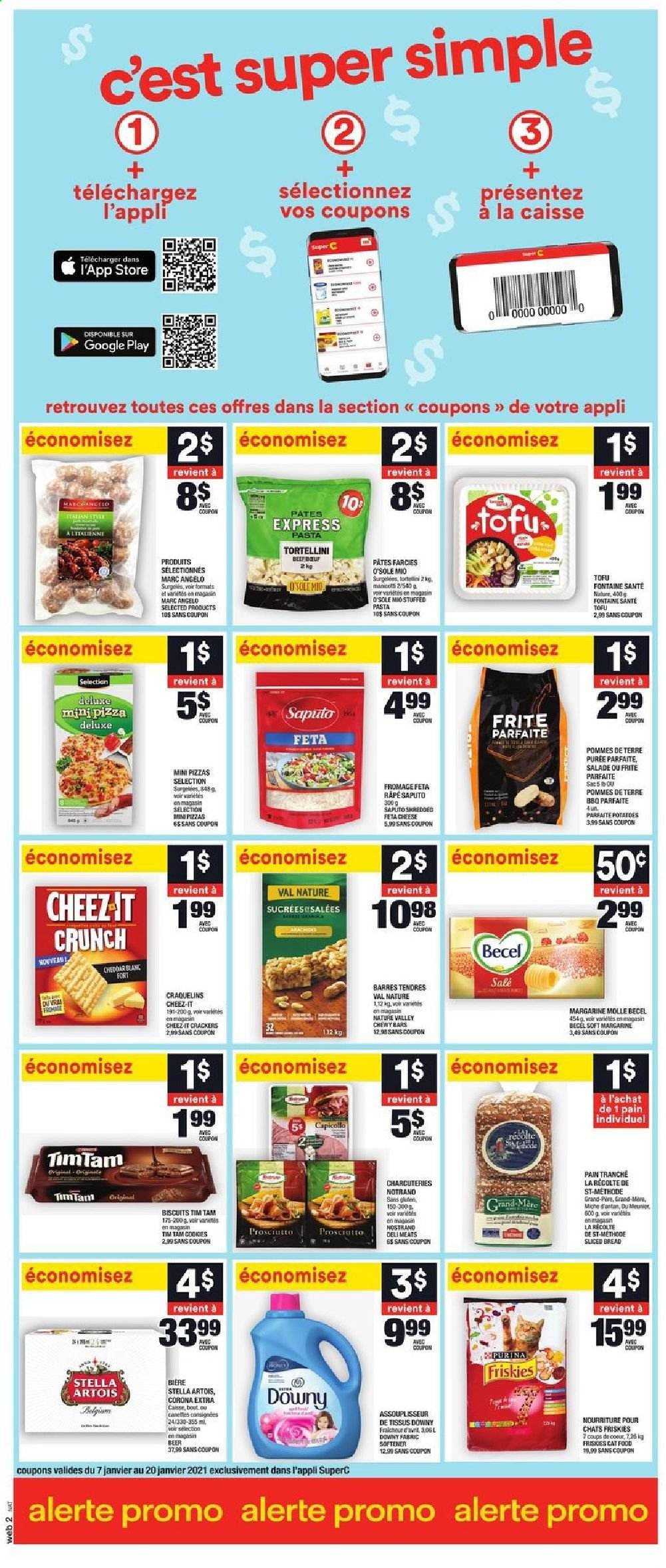 thumbnail - Super C Flyer - January 14, 2021 - January 20, 2021 - Sales products - bread, potatoes, pizza, pasta, tortellini, prosciutto, feta, tofu, margarine, crackers, Tim Tam, biscuit, Cheez-It, Nature Valley, beer, Stella Artois, Corona Extra, fabric softener, Downy Laundry. Page 10.