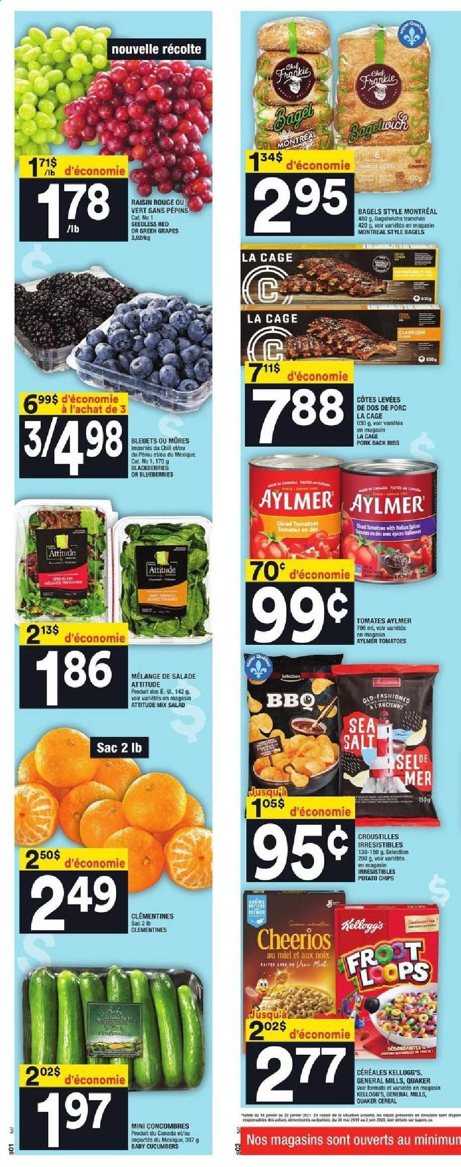 thumbnail - Super C Flyer - January 14, 2021 - January 20, 2021 - Sales products - bagels, cucumber, tomatoes, salad, blackberries, blueberries, clementines, grapes, Quaker, Kellogg's, cereals, Cheerios, pork meat, pork ribs, pork back ribs, chips. Page 12.
