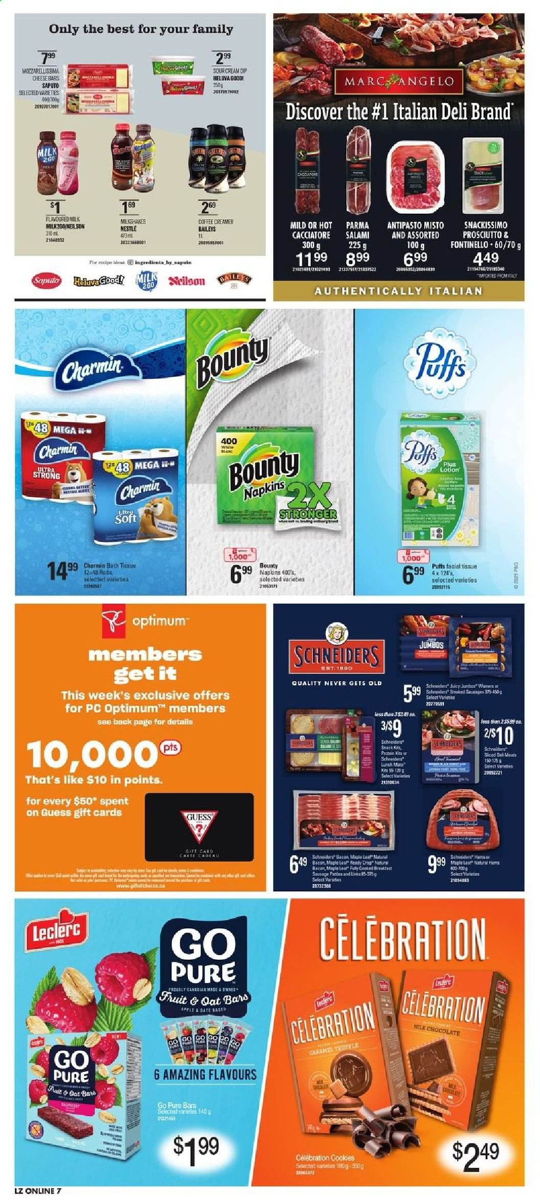 thumbnail - Loblaws Flyer - January 14, 2021 - January 20, 2021 - Sales products - bacon, salami, prosciutto, sausage, cheese, creamer, cookies, milk chocolate, chocolate, snack, Bounty, truffles, Celebration, oats, Baileys, napkins, bath tissue, Charmin, body lotion, Guess, Optimum, Nestlé. Page 12.
