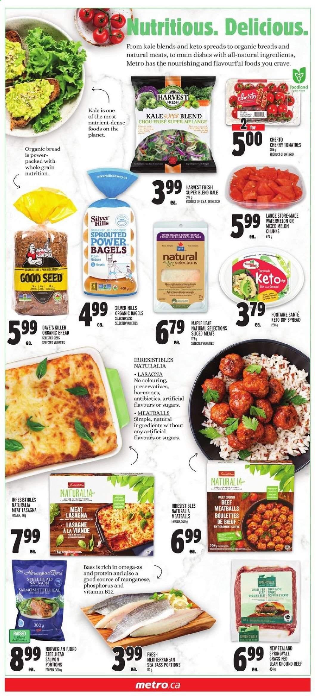 thumbnail - Metro Flyer - January 14, 2021 - January 20, 2021 - Sales products - bagels, tomatoes, kale, watermelon, cherries, melons, salmon, sea bass, meatballs, lasagna meal, beef meat, ground beef, Hill's, vitamin B12. Page 7.