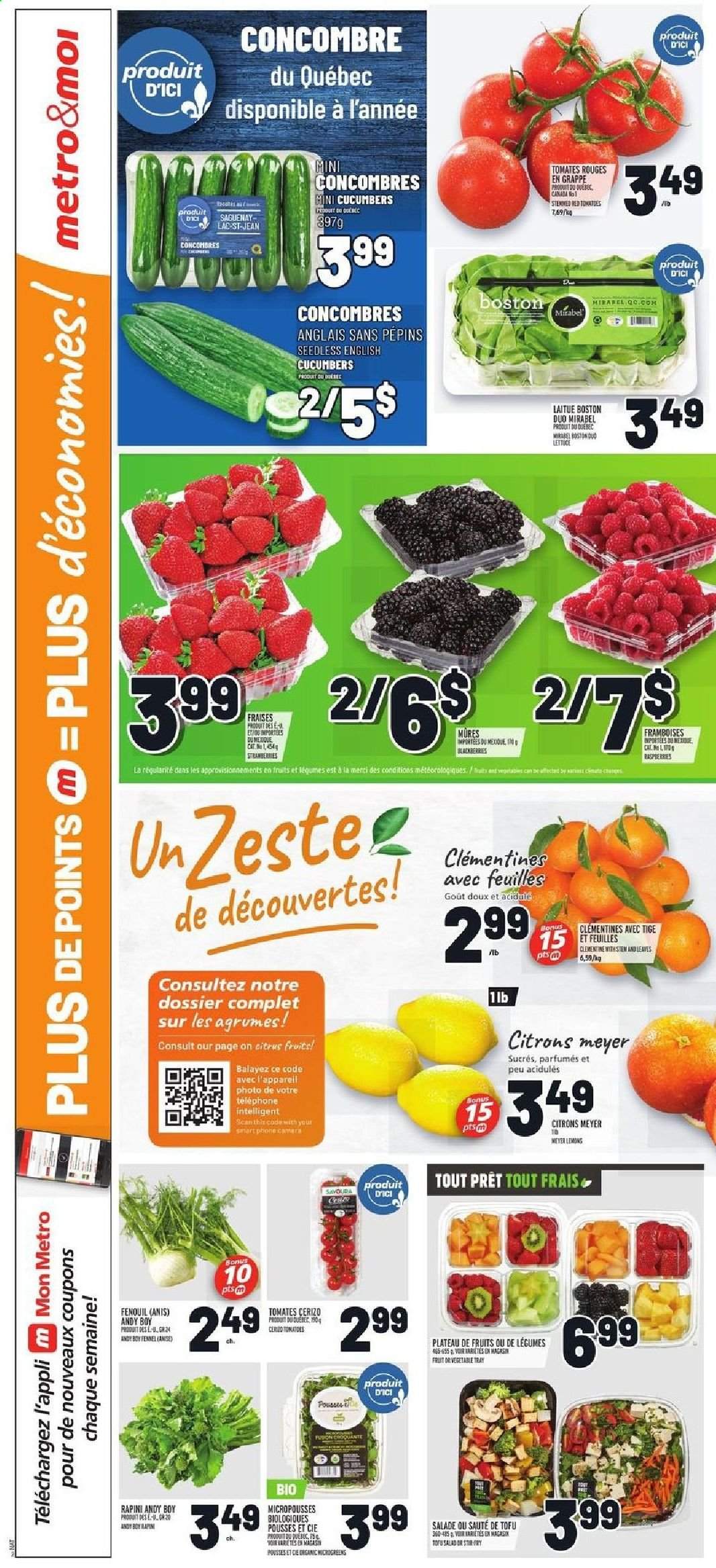 thumbnail - Metro Flyer - January 14, 2021 - January 20, 2021 - Sales products - cucumber, clementines, lemons, tofu, Merci, fennel, tray. Page 2.