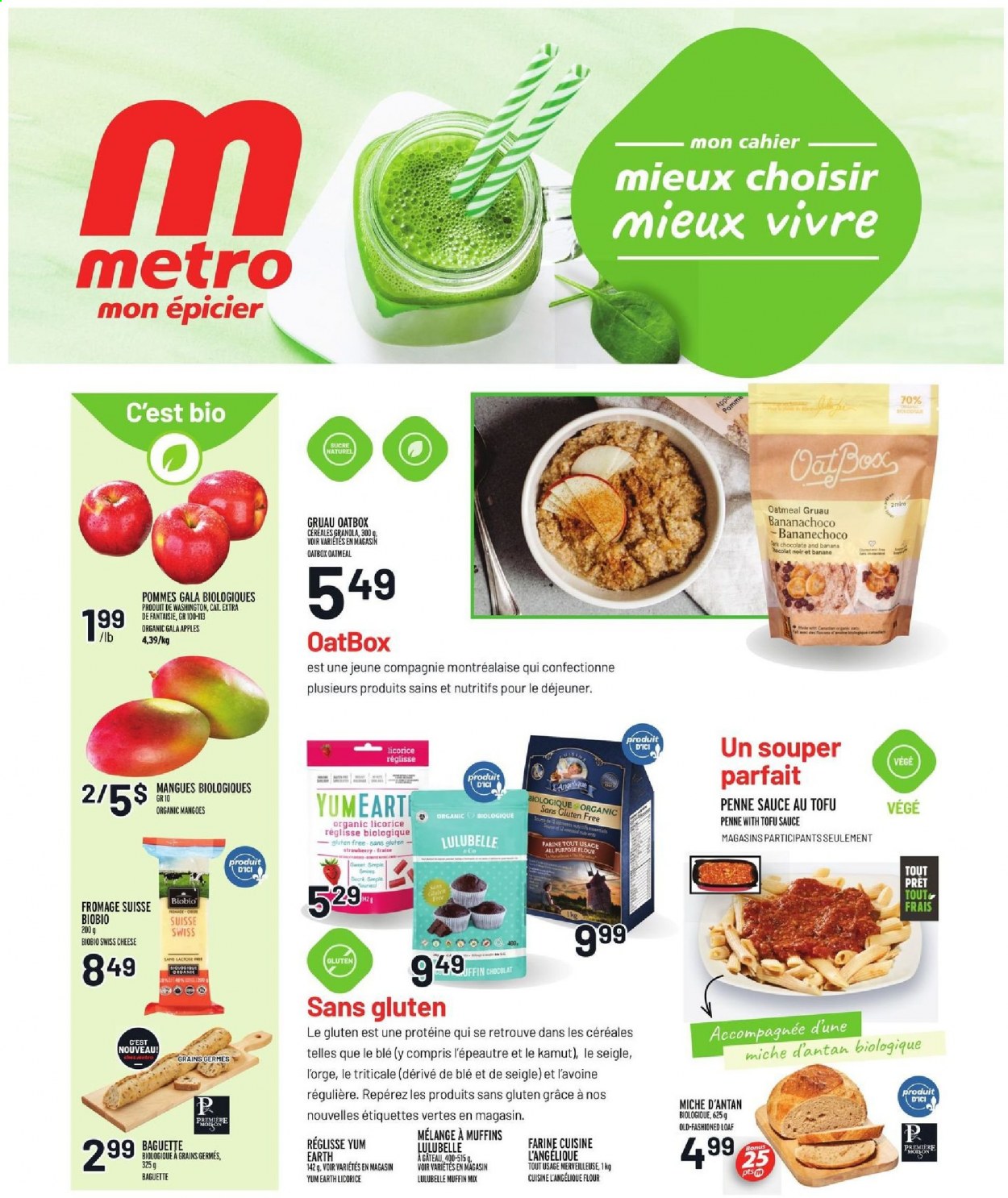 thumbnail - Metro Flyer - January 14, 2021 - January 20, 2021 - Sales products - muffin mix, apples, Gala, sauce, swiss cheese, cheese, all purpose flour, flour, oatmeal, oats, penne, PREMIERE, granola. Page 12.