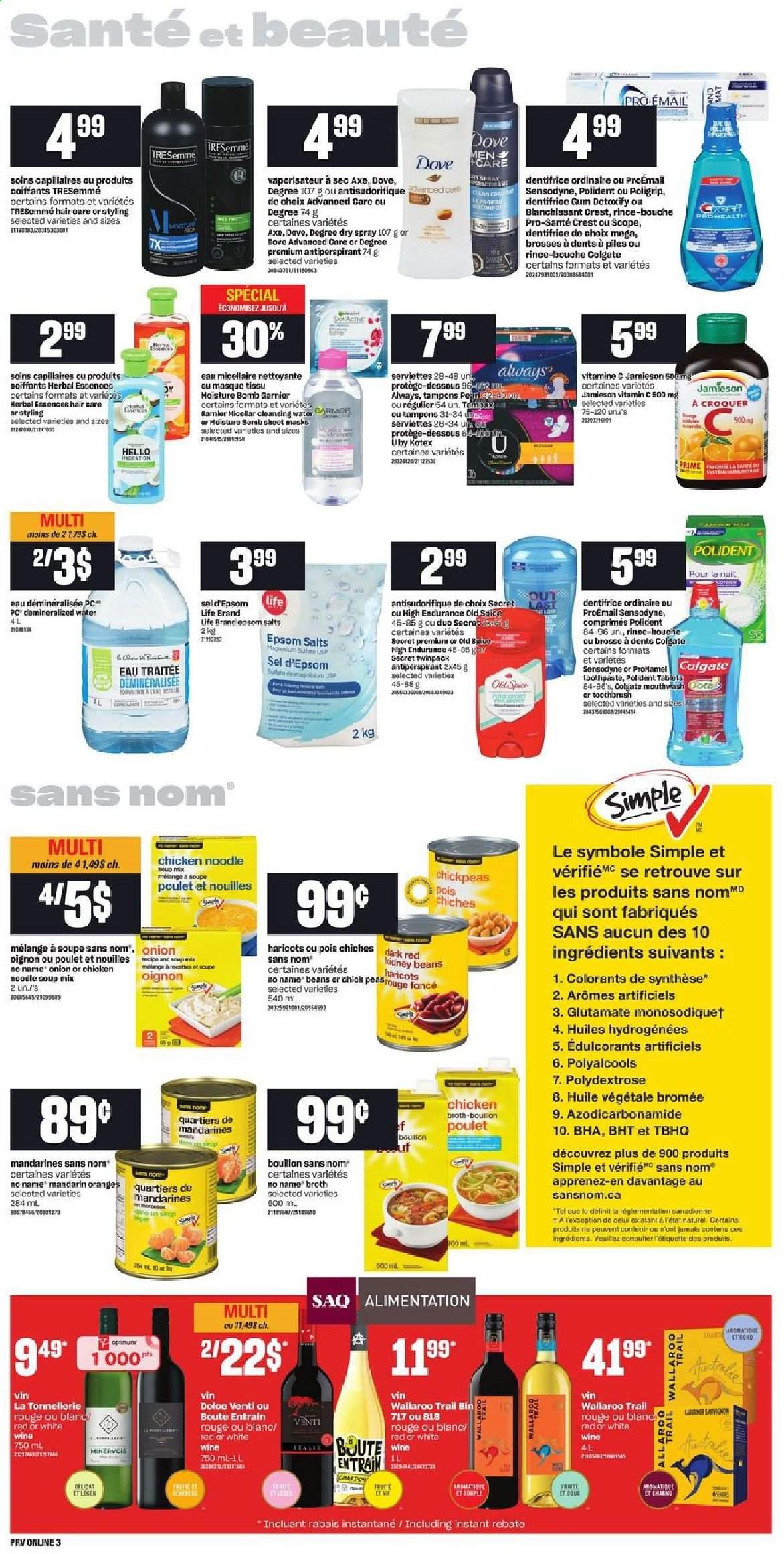 thumbnail - Provigo Flyer - January 14, 2021 - January 20, 2021 - Sales products - mandarines, No Name, soup mix, soup, noodles cup, noodles, bouillon, broth, kidney beans, chickpeas, spice, Cabernet Sauvignon, wine, toothbrush, toothpaste, mouthwash, Polident, Crest, Kotex, tampons, TRESemmé, Herbal Essences, anti-perspirant, magnesium, Garnier, Tampax, Old Spice, Sensodyne. Page 7.
