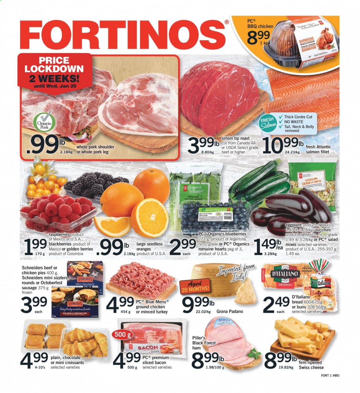 thumbnail - Circulaire Fortinos - 14 Janvier 2021 - 20 Janvier 2021 - Produits soldés - croissant, salade, oranges, poulet, viande de poulet, chou, steak. Page 1.