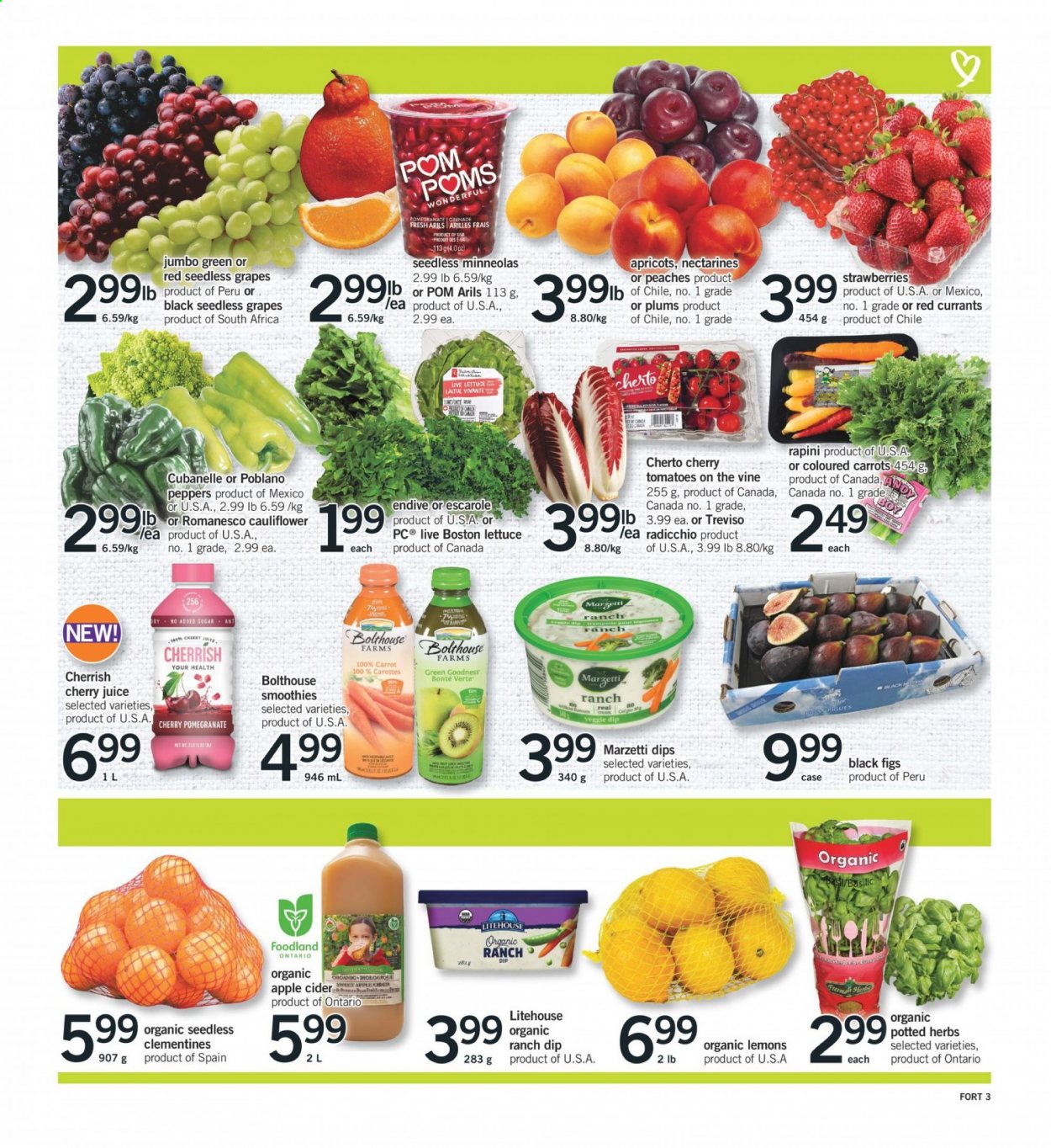 thumbnail - Fortinos Flyer - January 14, 2021 - January 20, 2021 - Sales products - carrots, tomatoes, lettuce, endive, radicchio, peppers, clementines, figs, grapes, nectarines, seedless grapes, strawberries, plums, apricots, lemons, peaches, dip, cherry juice, juice, smoothie, apple cider, cider, Pom Poms. Page 4.