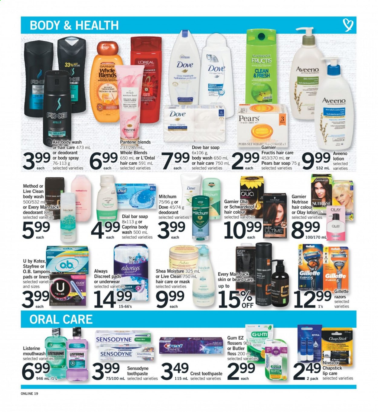 thumbnail - Fortinos Flyer - January 14, 2021 - January 20, 2021 - Sales products - pears, Boost, Aveeno, body wash, soap bar, Dial, soap, toothpaste, mouthwash, Crest, Stayfree, sanitary pads, Kotex, tampons, L’Oréal, Olay, conditioner, hair color, Fructis, body lotion, body spray, anti-perspirant, shave gel, pin, Garnier, Gillette, Listerine, shampoo, Pantene, Nivea, Sensodyne, deodorant. Page 20.