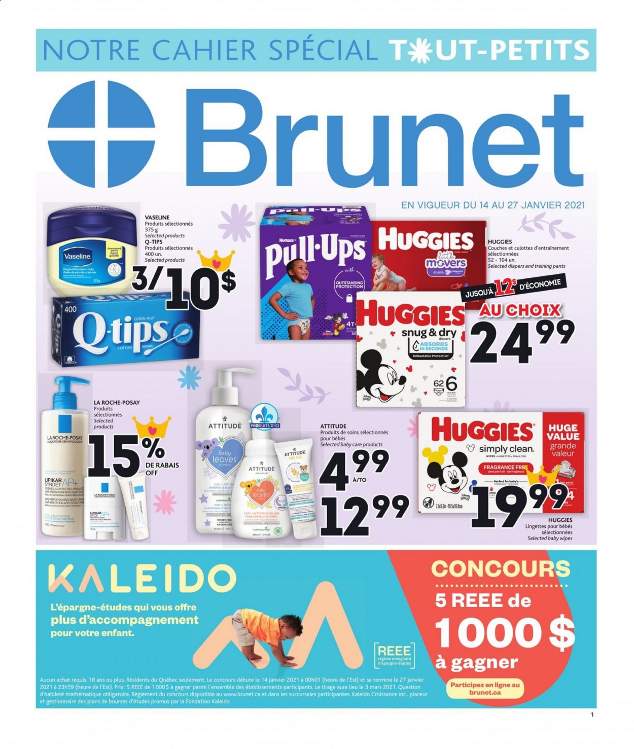 thumbnail - Brunet Flyer - January 14, 2021 - January 27, 2021 - Sales products - wipes, pants, baby wipes, nappies, baby pants, Vaseline, La Roche-Posay, shampoo, Huggies. Page 1.