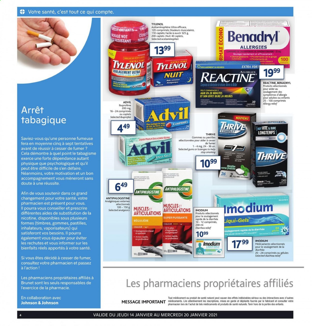 thumbnail - Brunet Flyer - January 14, 2021 - January 20, 2021 - Sales products - Johnson's, Clinique, Tylenol, Ibuprofen, Advil Rapid, allergy relief. Page 4.