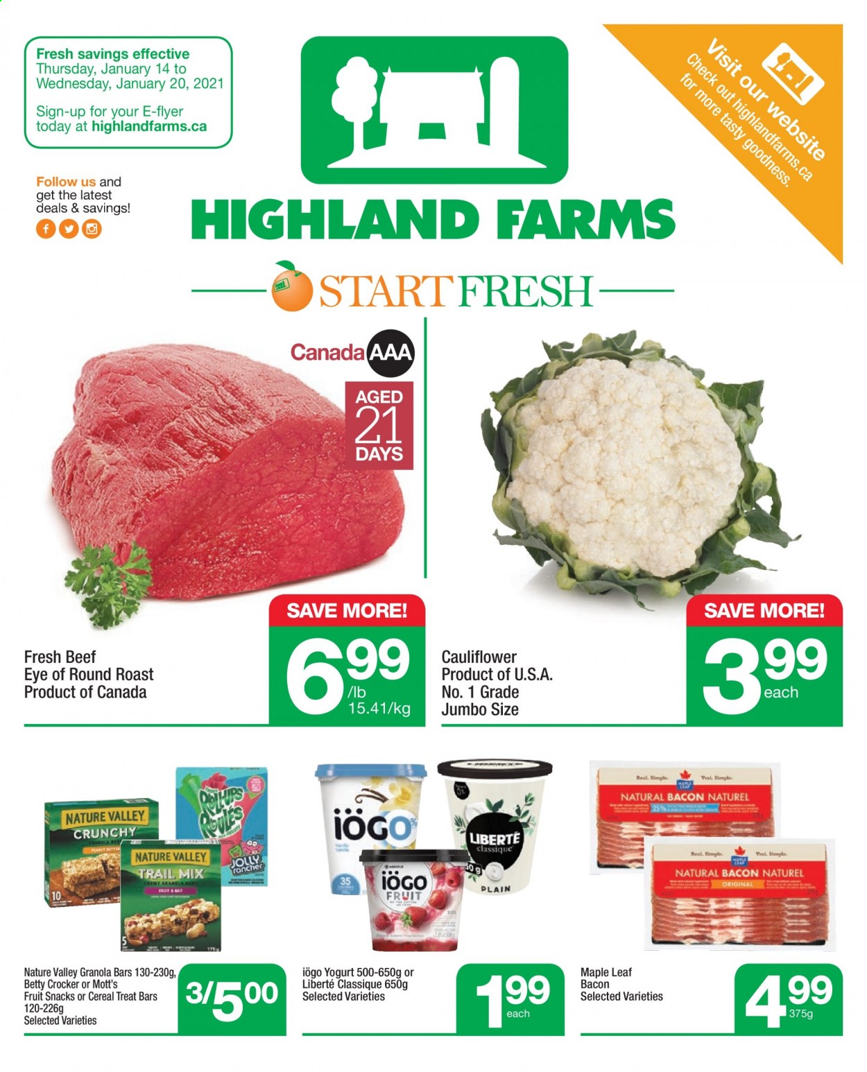 thumbnail - Highland Farms Flyer - January 14, 2021 - January 20, 2021 - Sales products - cauliflower, Mott's, bacon, yoghurt, fruit snack, granola bar, Nature Valley, trail mix, beef meat, eye of round, round roast. Page 1.