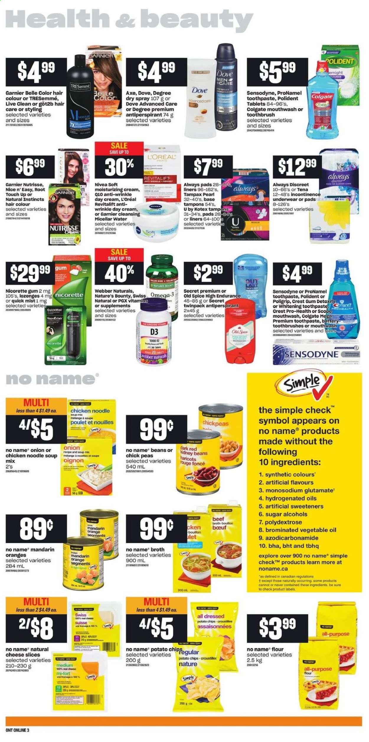 thumbnail - Independent Flyer - January 14, 2021 - January 20, 2021 - Sales products - mandarines, No Name, soup mix, soup, noodles cup, noodles, sliced cheese, cheese, potato chips, bouillon, flour, sugar, broth, kidney beans, chickpeas, spice, vegetable oil, oil, toothbrush, toothpaste, mouthwash, Polident, Crest, Always pads, Always Discreet, Kotex, incontinence underwear, tampons, day cream, L’Oréal, micellar water, TRESemmé, hair color, anti-perspirant, Sure, battery, Nature's Bounty, Nicorette, Omega-3, Nicorette Gum, vitamin D3, Garnier, Tampax, Nivea, Old Spice, chips, Sensodyne. Page 7.