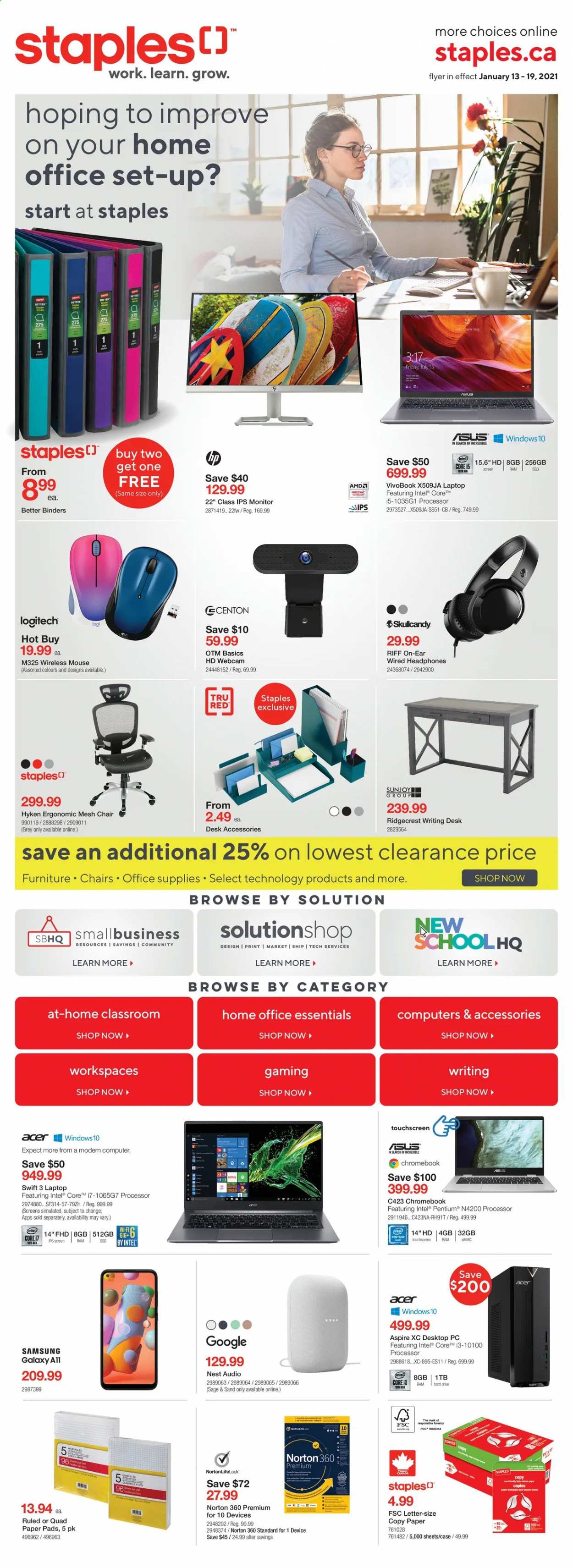 thumbnail - Staples Flyer - January 13, 2021 - January 19, 2021 - Sales products - Intel, Norton, Acer, Samsung Galaxy, pen, paper, sketch pad, webcam, desktop computer, chromebook, computer, hard disk, Logitech, mouse, laptop, monitor, Samsung. Page 1.