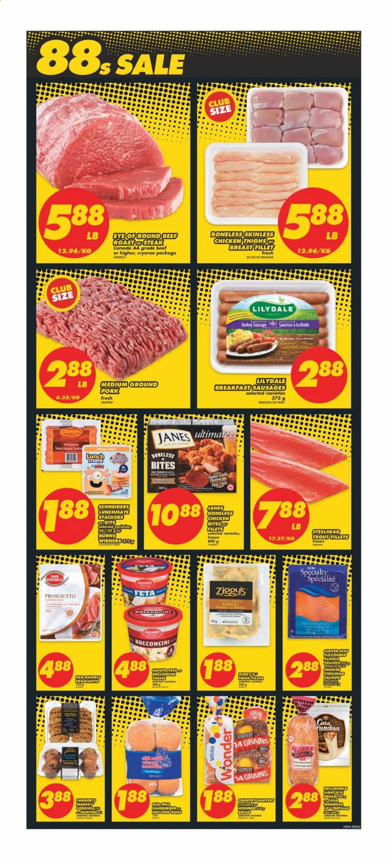 thumbnail - No Frills Flyer - January 15, 2021 - January 21, 2021 - Sales products - bread, buns, garlic, trout, pollock, ravioli, hamburger, prosciutto, sausage, bocconcini, cheese, feta, Clover, Country Harvest, chicken bites, cookies, honey, chicken thighs, chicken, beef meat, eye of round, roast beef, ground pork, steak. Page 4.