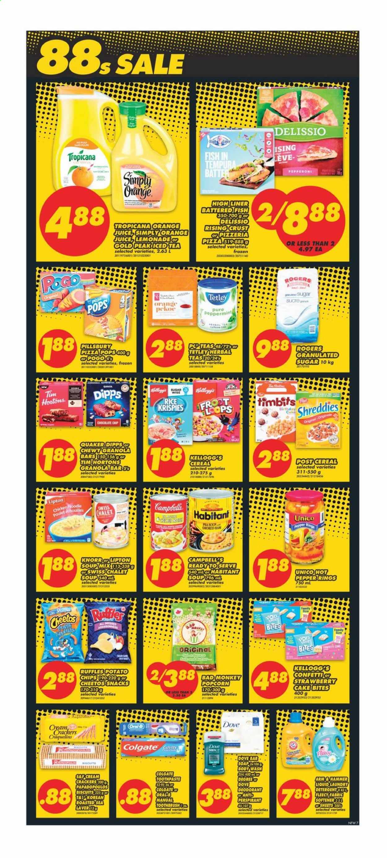thumbnail - No Frills Flyer - January 15, 2021 - January 21, 2021 - Sales products - cake, fish, Campbell's, pizza, soup mix, soup, Pillsbury, Quaker, noodles, ham, smoked ham, pepperoni, chocolate, snack, crackers, Kellogg's, biscuit, potato chips, Cheetos, popcorn, Ruffles, granulated sugar, sugar, cereals, granola bar, Rice Krispies, lemonade, orange juice, juice, ice tea, fabric softener, body wash, soap bar, soap, toothbrush, toothpaste, anti-perspirant, hammer, monkey, Knorr, Oral-B, deodorant. Page 7.