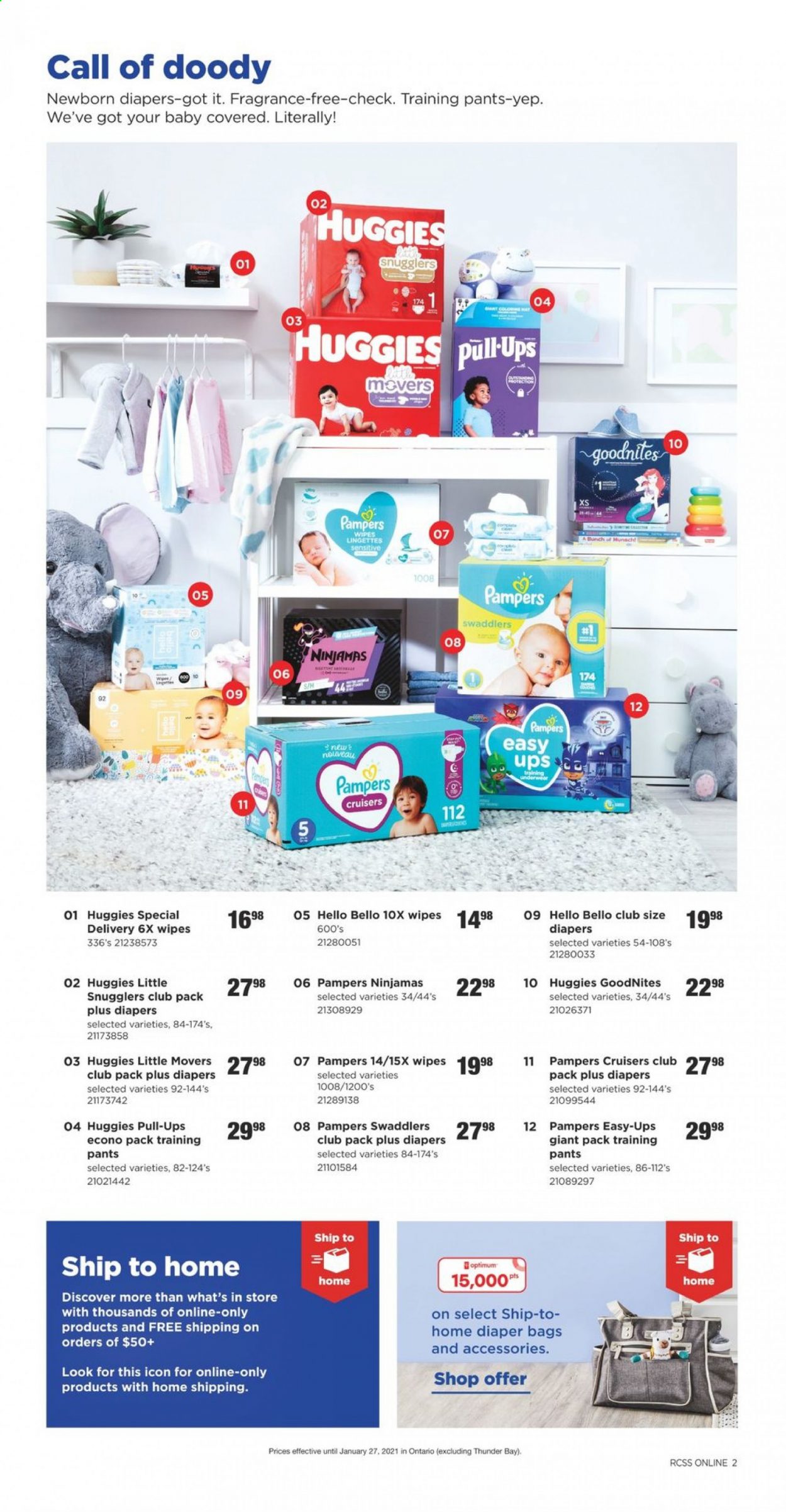 thumbnail - Real Canadian Superstore Flyer - January 14, 2021 - January 27, 2021 - Sales products - wipes, pants, nappies, baby pants, fragrance, bag, Optimum, Huggies, Pampers. Page 2.