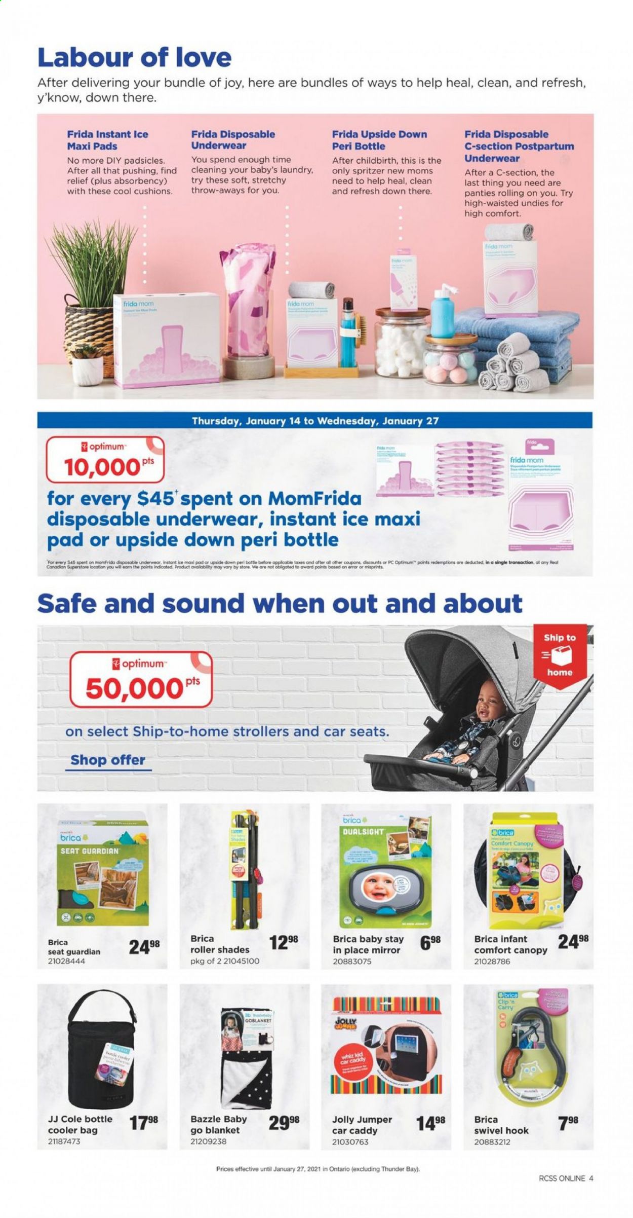 thumbnail - Real Canadian Superstore Flyer - January 14, 2021 - January 27, 2021 - Sales products - Joy, sanitary pads, bag, shades, hook, bottle cooler, cooler bag, blanket, cushion, Optimum, roller, mirror, panties. Page 4.