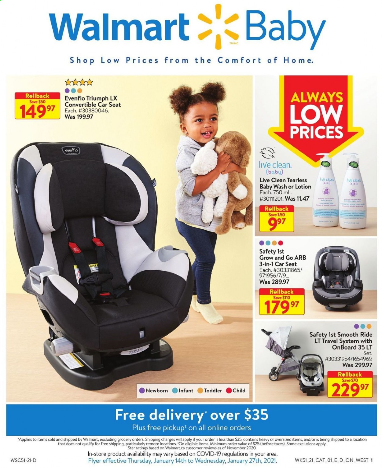 thumbnail - Walmart Flyer - January 14, 2021 - January 27, 2021 - Sales products - body lotion, safety 1st, baby car seat. Page 1.