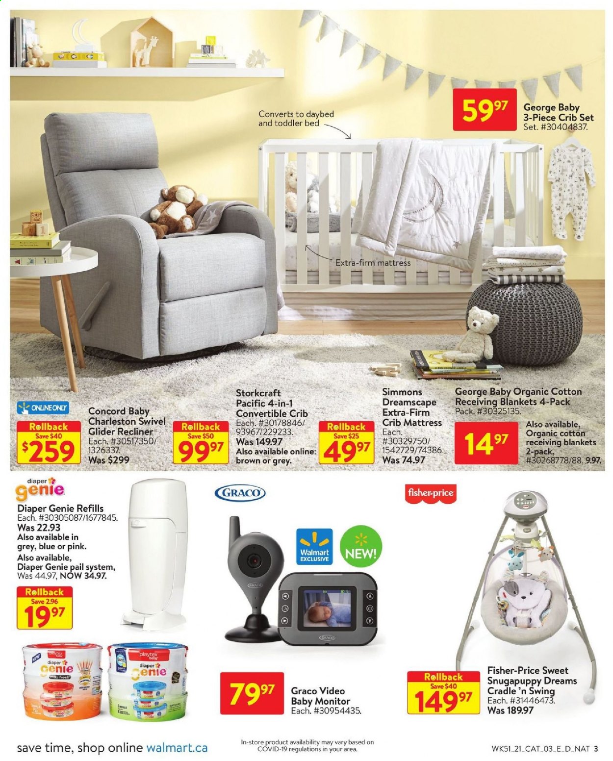 thumbnail - Walmart Flyer - January 14, 2021 - January 27, 2021 - Sales products - Playtex, blanket, baby monitor, recliner chair, bed, daybed, mattress, Simmons, crib, Fisher-Price, monitor. Page 3.