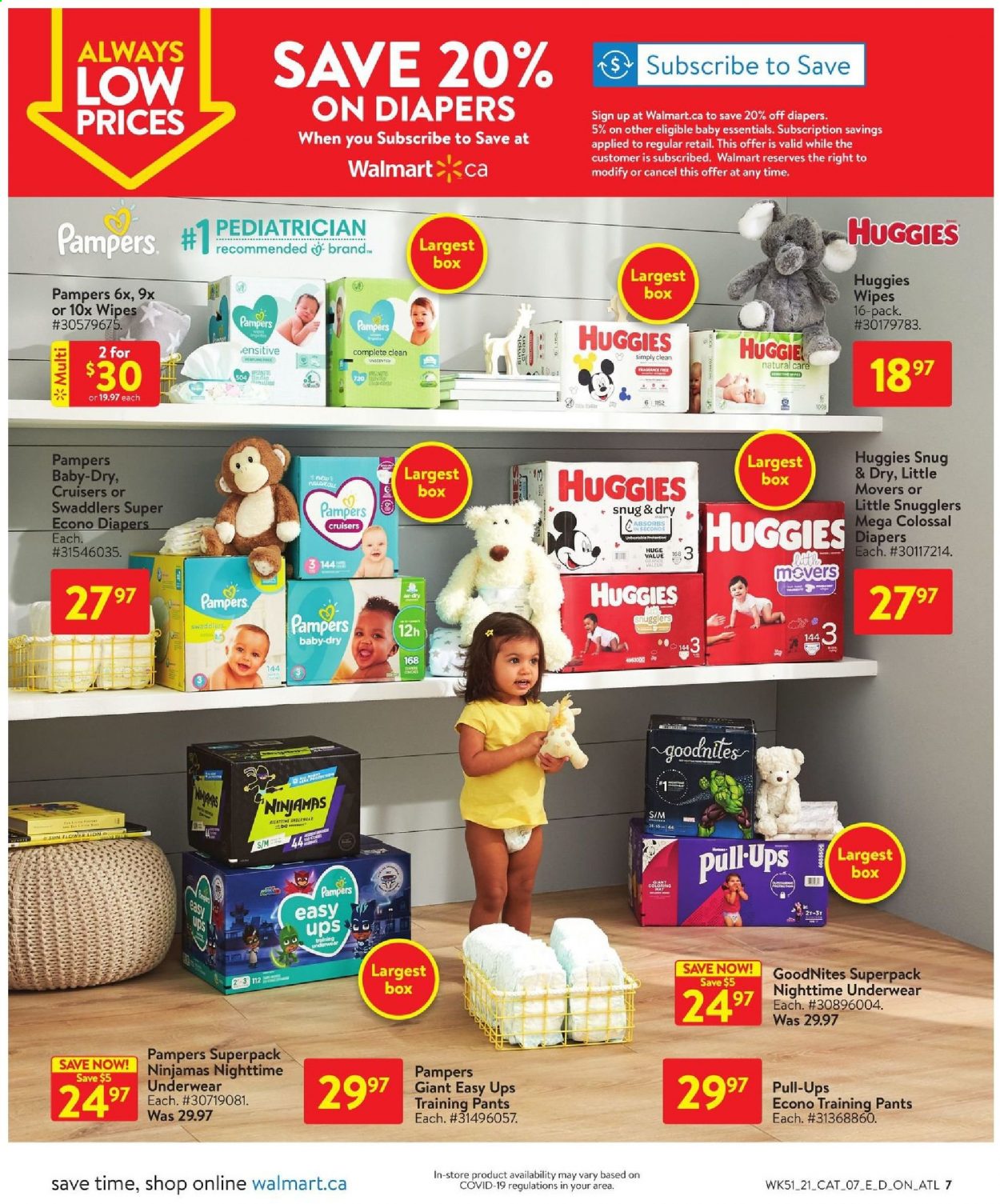 thumbnail - Walmart Flyer - January 14, 2021 - January 27, 2021 - Sales products - wipes, pants, nappies, baby pants, Snug, Huggies, Pampers. Page 7.