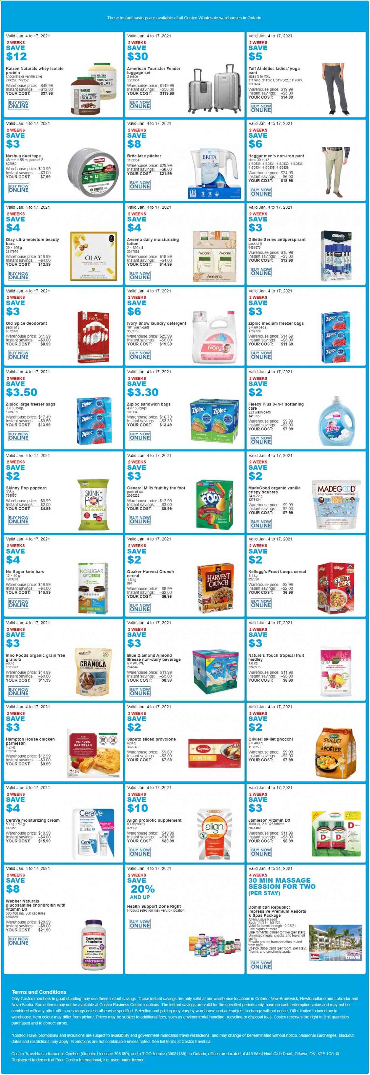 thumbnail - Costco Flyer - January 04, 2021 - January 17, 2021 - Sales products - Quaker, Provolone, Almond Breeze, chocolate, snack, Kellogg's, popcorn, Skinny Pop, cereals, spice, Blue Diamond, Aveeno, laundry detergent, CeraVe, Olay, body lotion, anti-perspirant, bag, Ziploc, pitcher, freezer bag, book, freezer, iron, luggage, luggage set, blackout, car battery, glucosamine, vitamin D3, Gillette, gnocchi, granola, Old Spice, deodorant. Page 1.