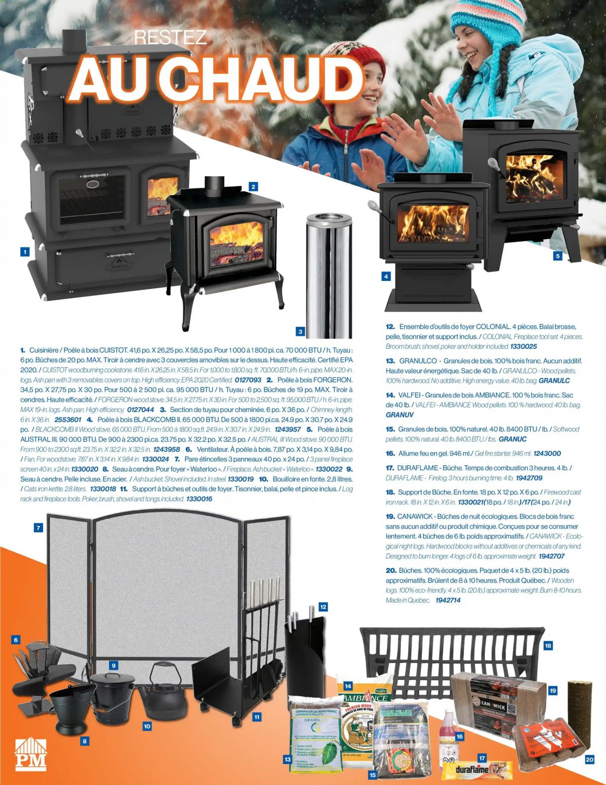 thumbnail - Patrick Morin Flyer - Sales products - holder, broom, fireplace, stove, fire logs, shovel, tong, tool set, starter. Page 7.