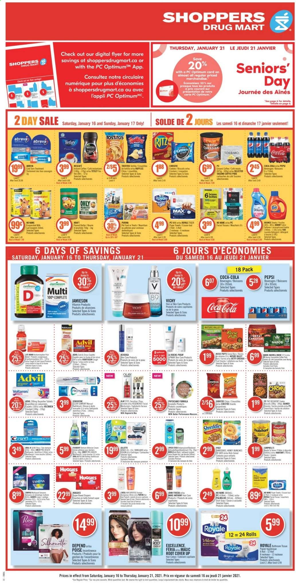 thumbnail - Shoppers Drug Mart Flyer - January 16, 2021 - January 21, 2021 - Sales products - snack, cereal bar, crackers, biscuit, RITZ, Doritos, Cheetos, Tostitos, cereals, puffs, Quaker, Nature Valley, Kraft®, peanut butter, syrup, trail mix, Coca-Cola, Pepsi, Maxwell House, coffee pods, instant coffee, ground coffee, nappies, bath tissue, Always liners, kitchen towels, paper towels, Tide, Bounce, body wash, shower gel, Vichy, Palmolive, soap, toothbrush, toothpaste, mouthwash, Fixodent, Crest, tampons, Abreva, facial tissues, L’Oréal, La Roche-Posay, Olay, hair color, John Frieda, Speed Stick, Venus, Ibuprofen, Advil Rapid, Oreo, Gillette, granola, mascara, Robitussin, Tampax, Huggies, Pantene, Nivea, chips, Sensodyne, Nescafé. Page 1.