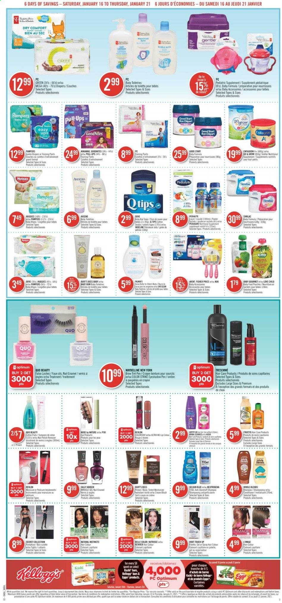 thumbnail - Shoppers Drug Mart Flyer - January 16, 2021 - January 21, 2021 - Sales products - Nutri-Grain, Similac, wipes, pants, baby wipes, nappies, Nuk, baby pants, Aveeno, petroleum jelly, Vaseline, soap bar, soap, conditioner, Revlon, TRESemmé, hair color, Fructis, body lotion, nail enamel, nail polish remover, eyeshadow, tights, pantyhose, Maybelline, Neutrogena, Sally Hansen, shampoo, Huggies, Palette, Pampers. Page 3.