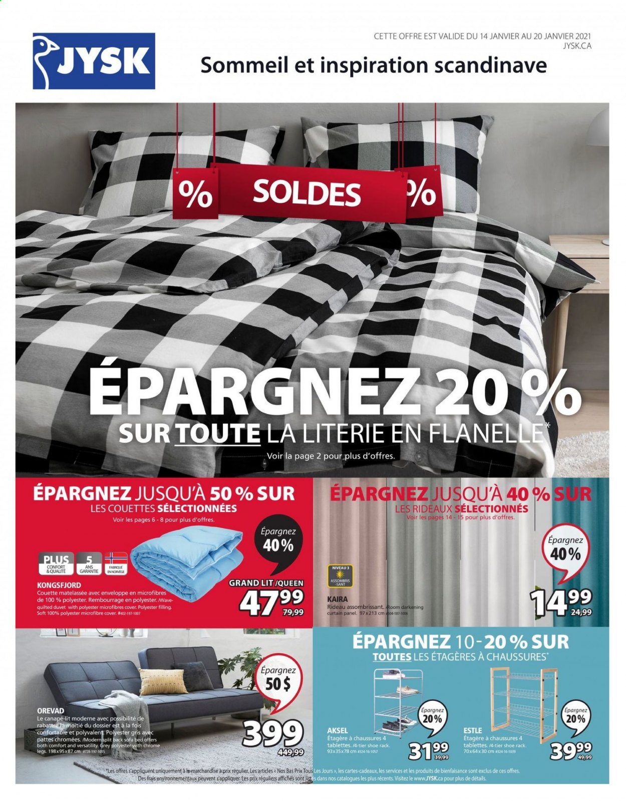 thumbnail - JYSK Flyer - January 14, 2021 - January 20, 2021 - Sales products - duvet, microfibre cover, curtain, sofa, sofa bed, bed, shoe rack, curtain panel. Page 1.