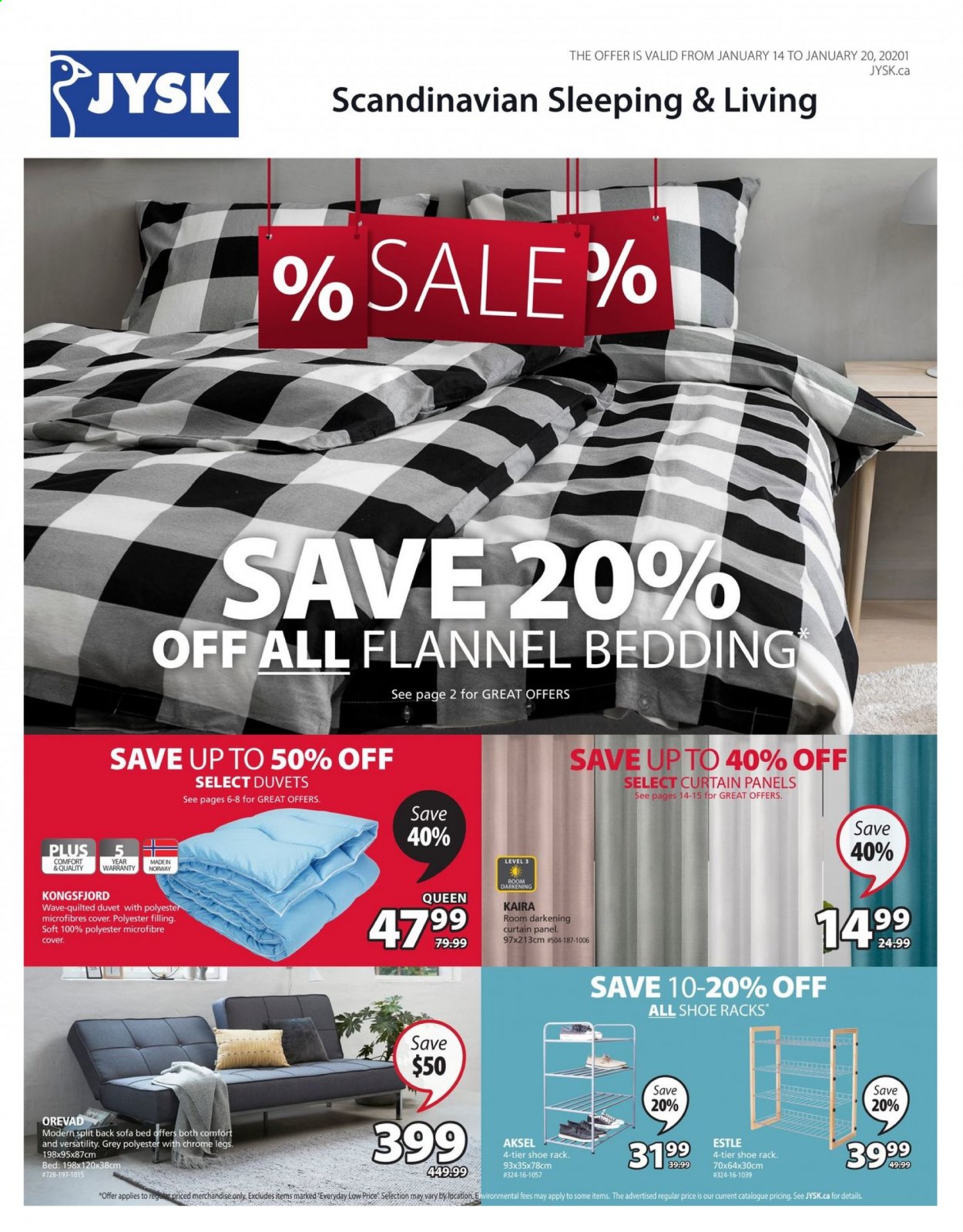 thumbnail - JYSK Flyer - January 14, 2021 - January 20, 2021 - Sales products - bedding, duvet, microfibre cover, curtain, sofa, sofa bed, bed, shoe rack, curtain panel. Page 1.