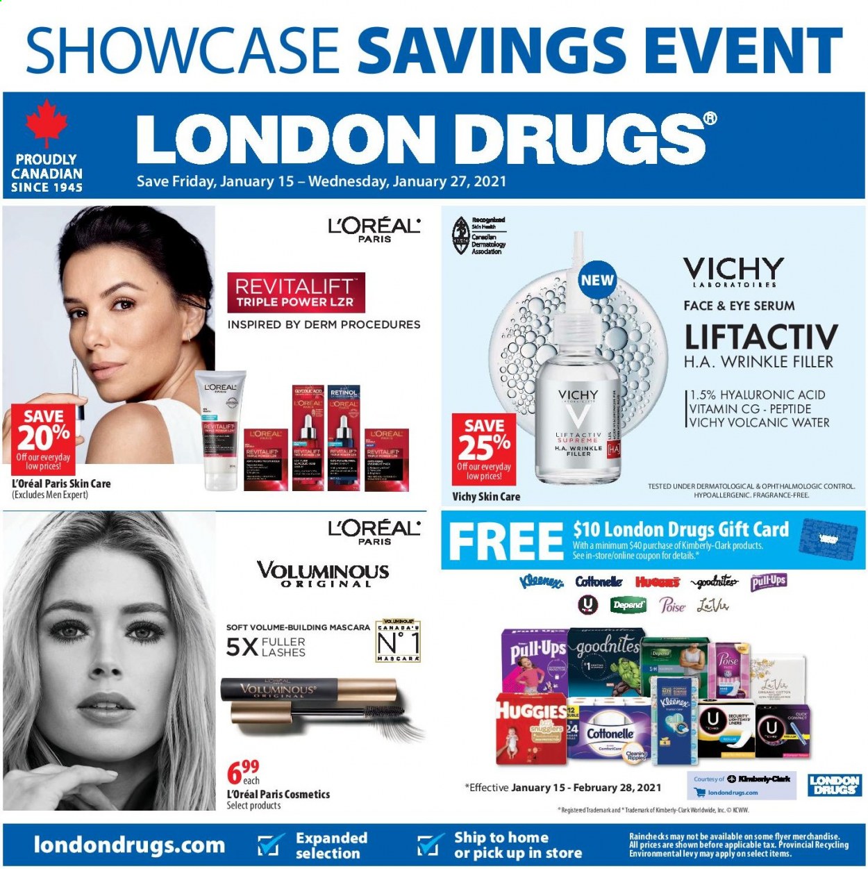 thumbnail - London Drugs Flyer - January 15, 2021 - January 27, 2021 - Sales products - Kleenex, Vichy, L’Oréal, serum, fragrance, mascara. Page 1.