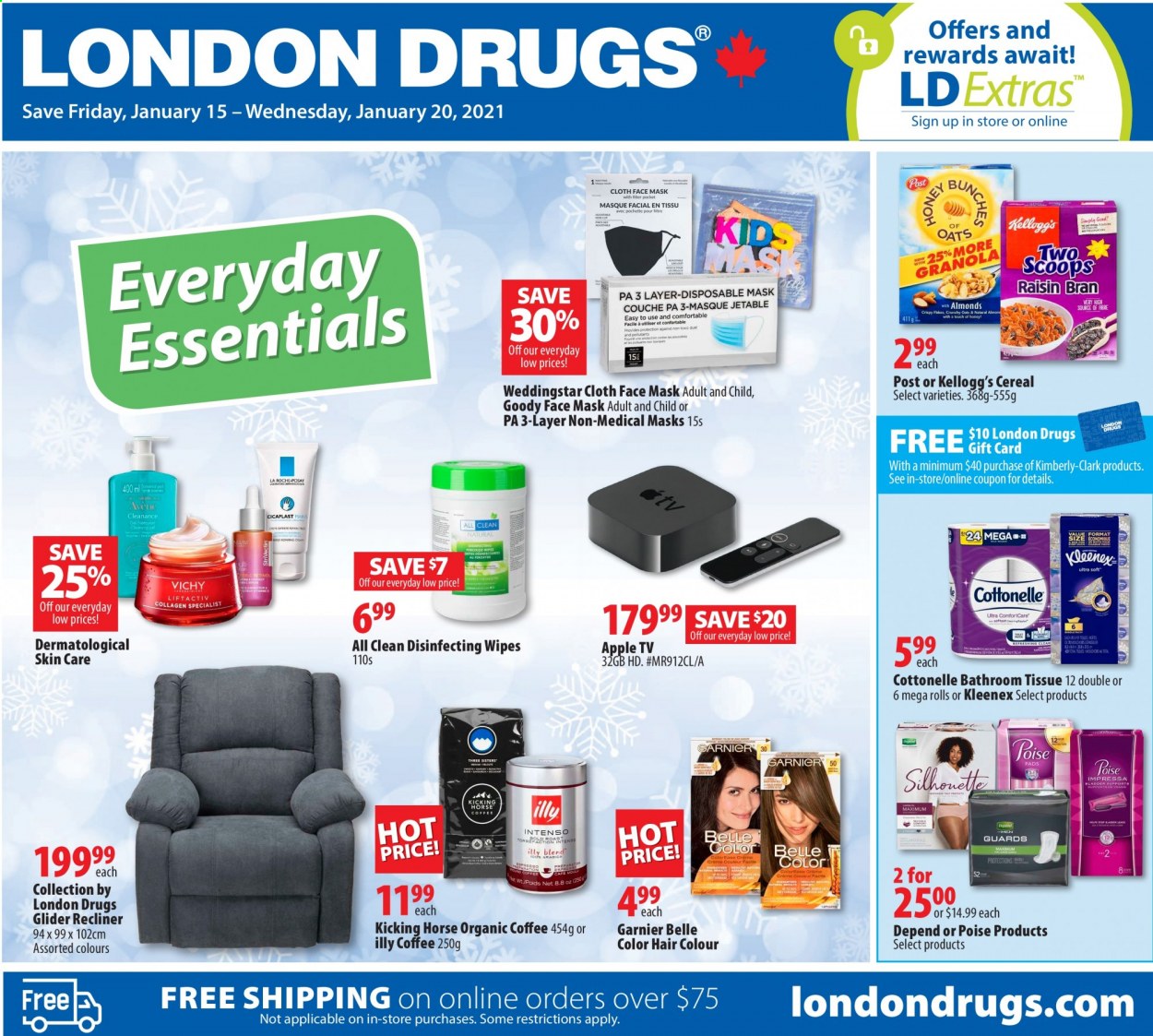 thumbnail - London Drugs Flyer - January 15, 2021 - January 20, 2021 - Sales products - Apple, Kellogg's, cereals, Illy, wipes, bath tissue, Cottonelle, Kleenex, face mask, hair color, TV, recliner chair, Garnier. Page 1.