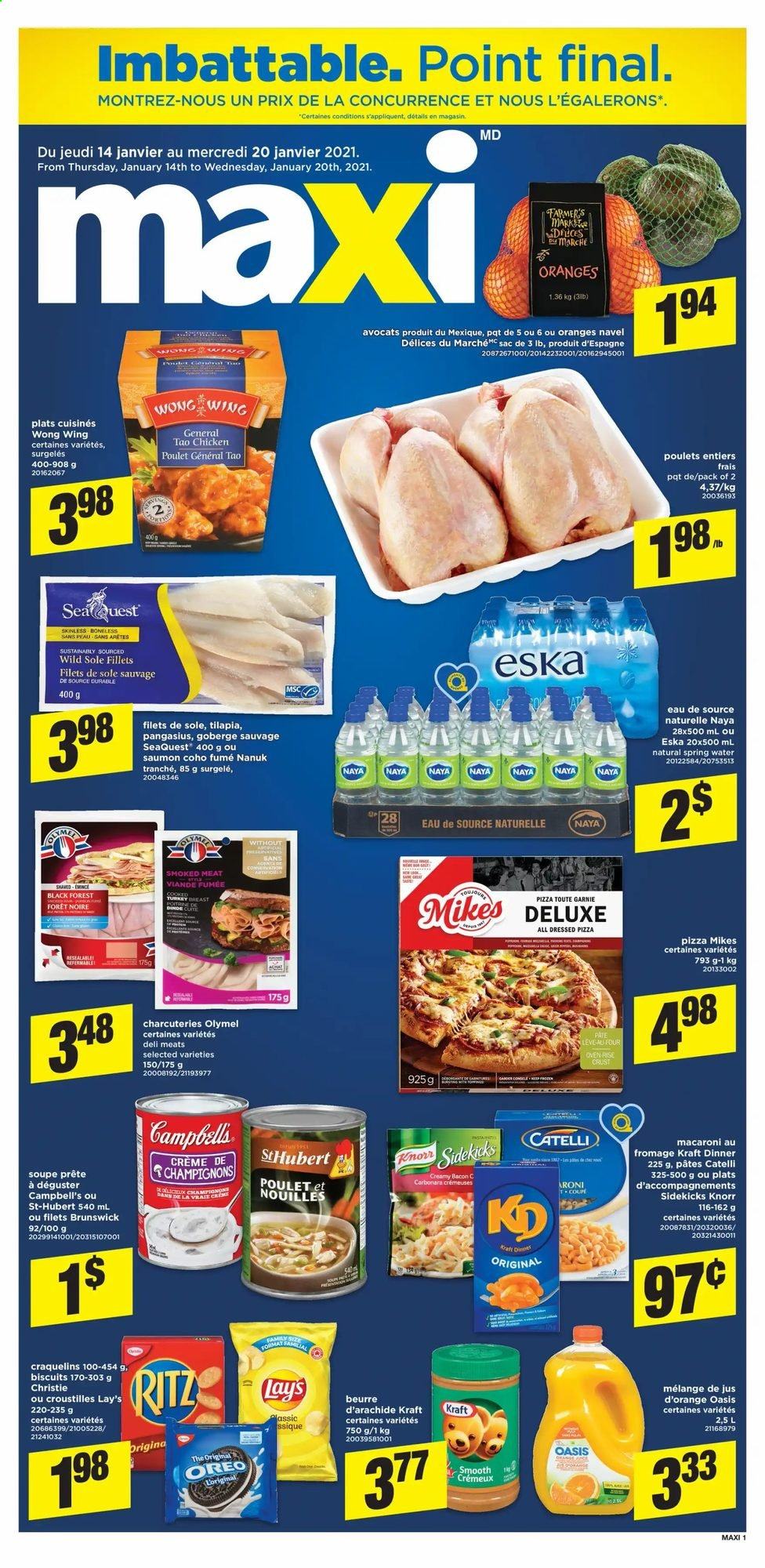 thumbnail - Maxi & Cie Flyer - January 14, 2021 - January 20, 2021 - Sales products - tilapia, pangasius, Campbell's, pizza, macaroni, Kraft®, biscuit, RITZ, Lay’s, spring water, Knorr, Oreo. Page 1.