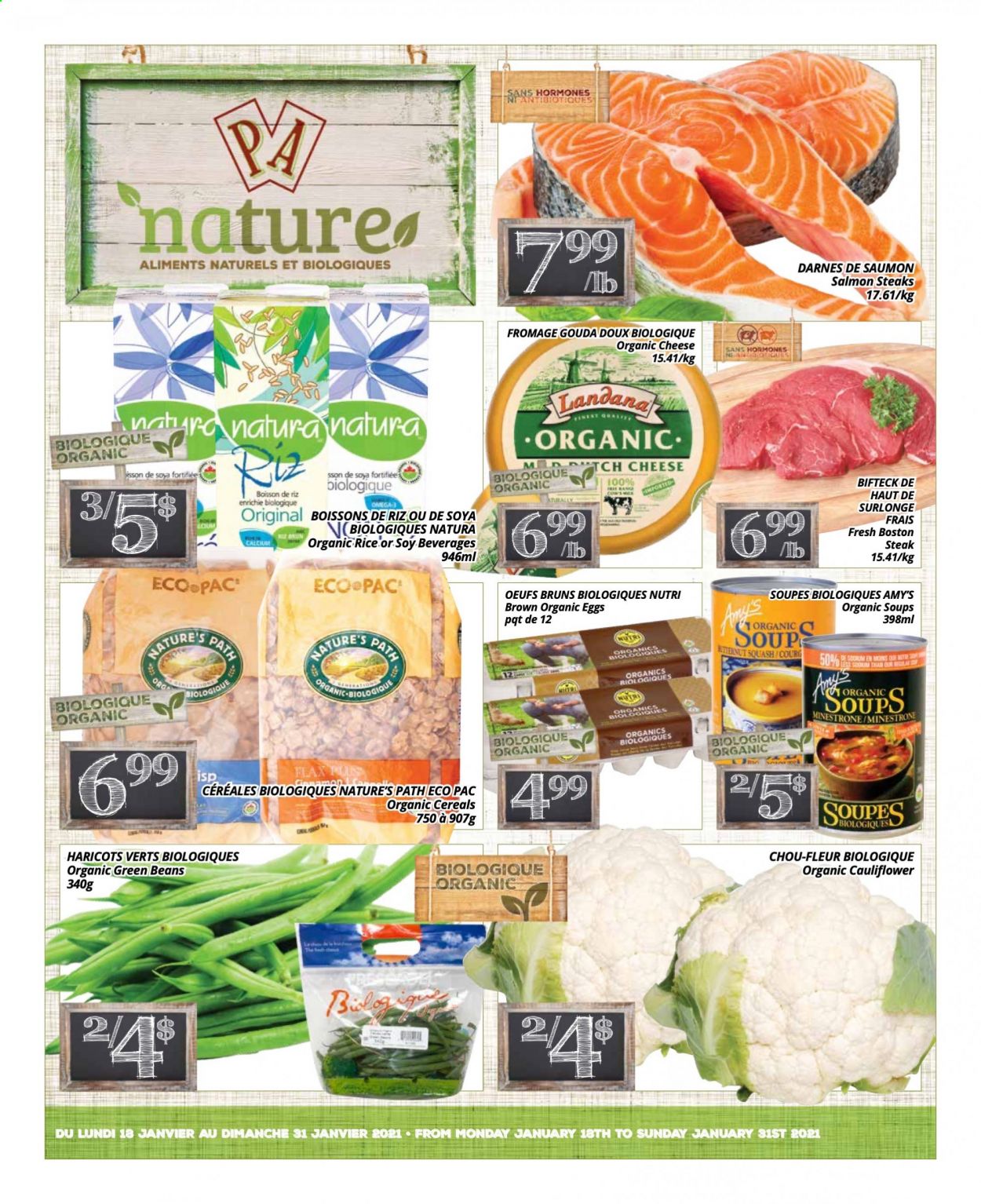 thumbnail - PA Nature Flyer - January 18, 2021 - January 31, 2021 - Sales products - beans, cauliflower, green beans, salmon, soup, gouda, cheese, eggs, cereals, cinnamon, steak. Page 1.
