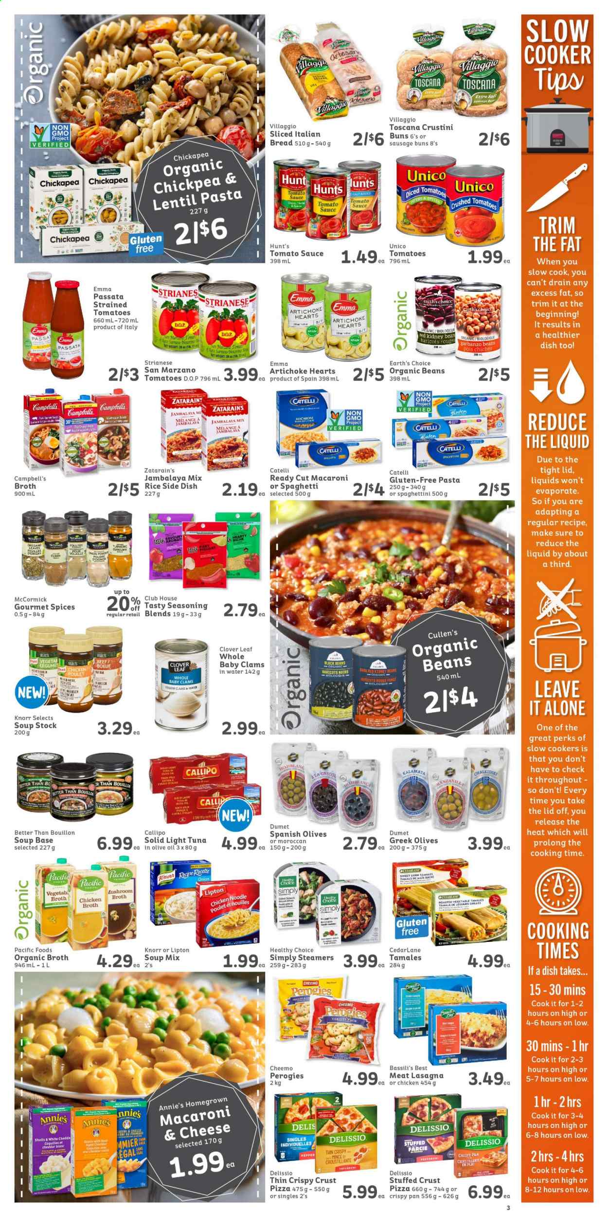 thumbnail - IGA Simple Goodness Flyer - January 15, 2021 - January 21, 2021 - Sales products - bread, buns, beans, corn, clams, tuna, Campbell's, macaroni & cheese, ramen, pizza, soup mix, soup, sauce, noodles, lasagna meal, Healthy Choice, Annie's, sausage, pepperoni, Clover, bouillon, chicken broth, broth, black beans, crushed tomatoes, tomato sauce, kidney beans, light tuna, penne, turmeric, pepper, spice, cumin, Knorr, olives. Page 3.