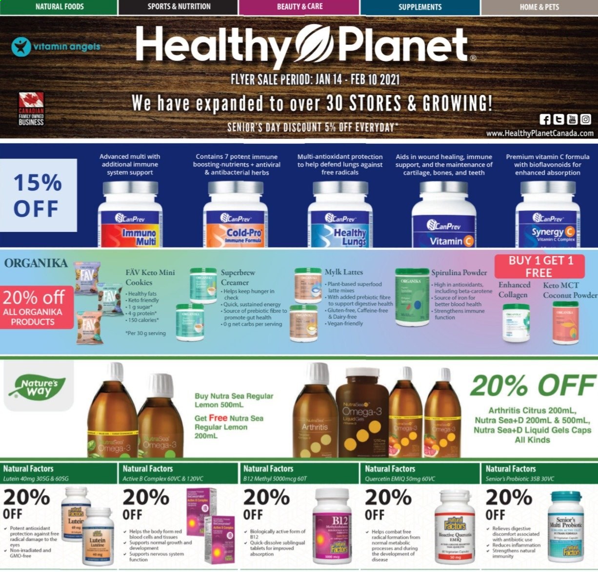 thumbnail - Healthy Planet Flyer - January 14, 2021 - February 10, 2021 - Sales products - cookies, sugar, herbs, tissues, vitamin c, Omega-3, spirulina. Page 1.