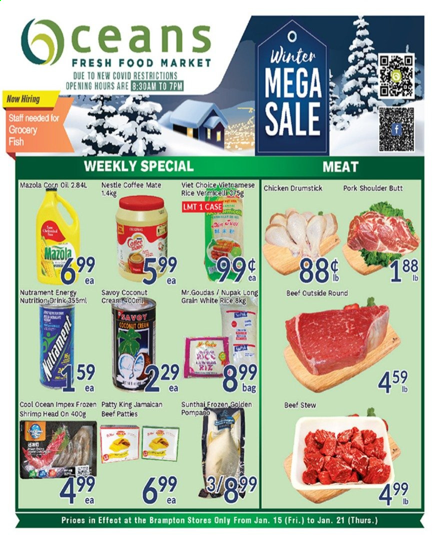 thumbnail - Oceans Flyer - January 15, 2021 - January 21, 2021 - Sales products - coconut, pompano, fish, shrimps, Coffee-Mate, rice, white rice, corn oil, pork meat, pork shoulder, Nestlé. Page 1.