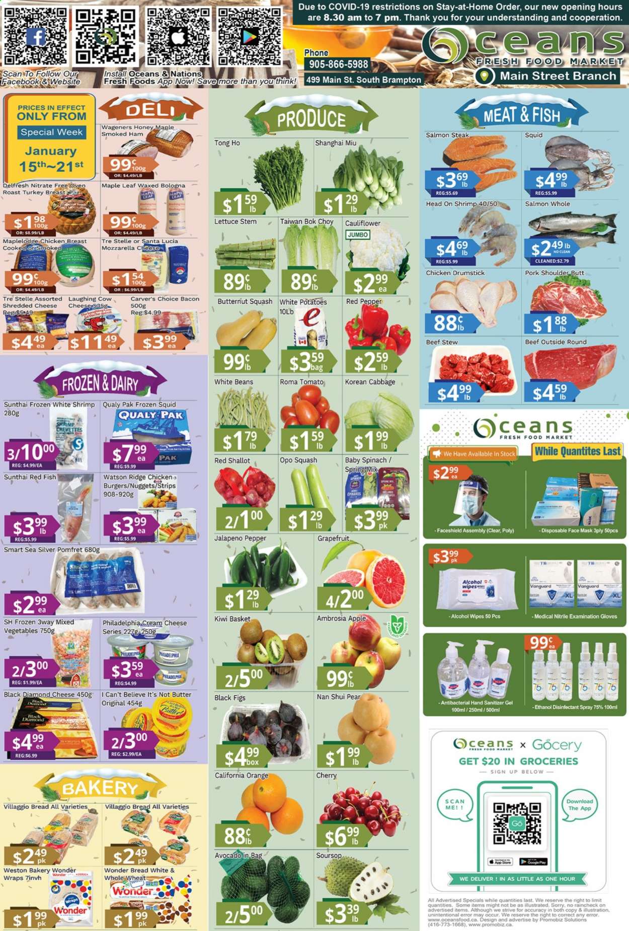 thumbnail - Oceans Flyer - January 15, 2021 - January 21, 2021 - Sales products - bread, wraps, beans, bok choy, butternut squash, cabbage, spinach, tomatoes, potatoes, lettuce, jalapeño, avocado, figs, grapefruits, pears, salmon, squid, fish, shrimps, nuggets, hamburger, bacon, ham, smoked ham, bologna sausage, shredded cheese, The Laughing Cow, I Can't Believe It's Not Butter, mixed vegetables, strips, Santa, honey, chicken breasts, chicken, turkey, pork meat, pork shoulder, wipes, face mask, antibacterial spray, hand sanitizer, gloves, kiwi, mozzarella, steak, desinfection. Page 1.