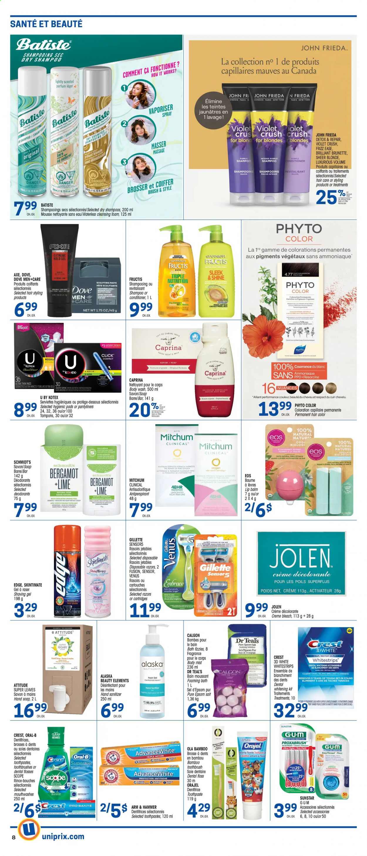 thumbnail - Uniprix Flyer - January 21, 2021 - January 27, 2021 - Sales products - ARM & HAMMER, bleach, body wash, hand soap, soap, toothbrush, toothpaste, Crest, Kotex, pantyliners, tampons, cleansing foam, lip balm, conditioner, hair color, John Frieda, Fructis, body mist, anti-perspirant, fragrance, Venus, disposable razor, hand sanitizer, Garnier, Gillette, shampoo, Oral-B, deodorant. Page 6.