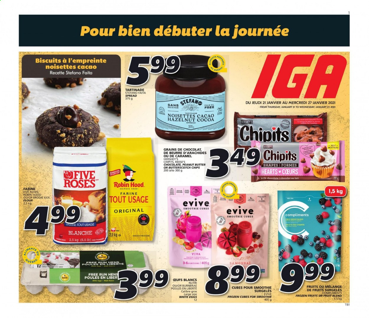 thumbnail - Circulaire IGA - 21 Janvier 2021 - 27 Janvier 2021 - Produits soldés - chocolat, biscuits, chocolat au lait, chips, farine, huile, Moët & Chandon. Page 1.