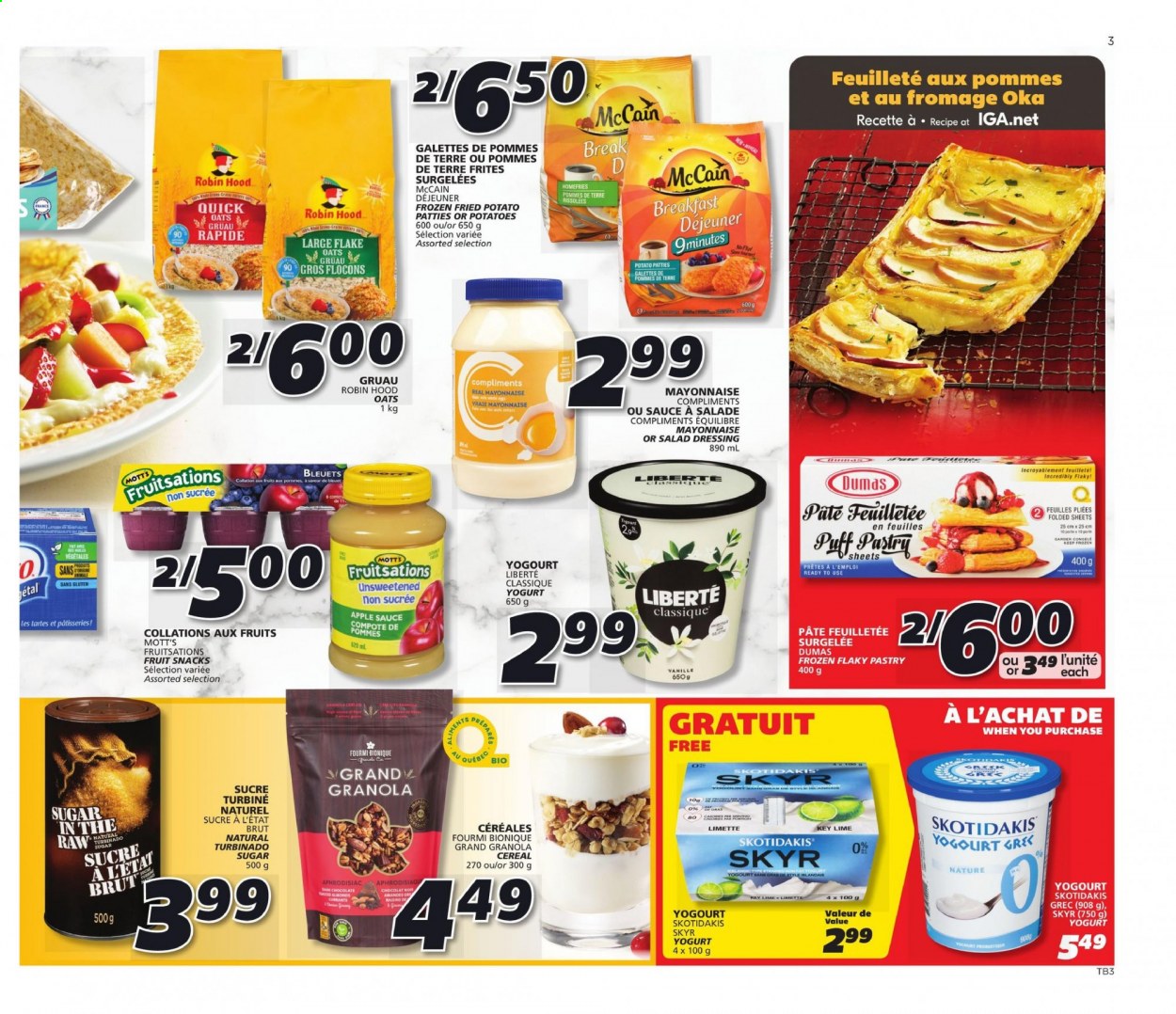 thumbnail - IGA Flyer - January 21, 2021 - January 27, 2021 - Sales products - potatoes, Mott's, sauce, yoghurt, mayonnaise, McCain, chocolate, fruit snack, oats, compote, cereals, Quick Oats, salad dressing, dressing, apple sauce, almonds, currants, granola. Page 3.
