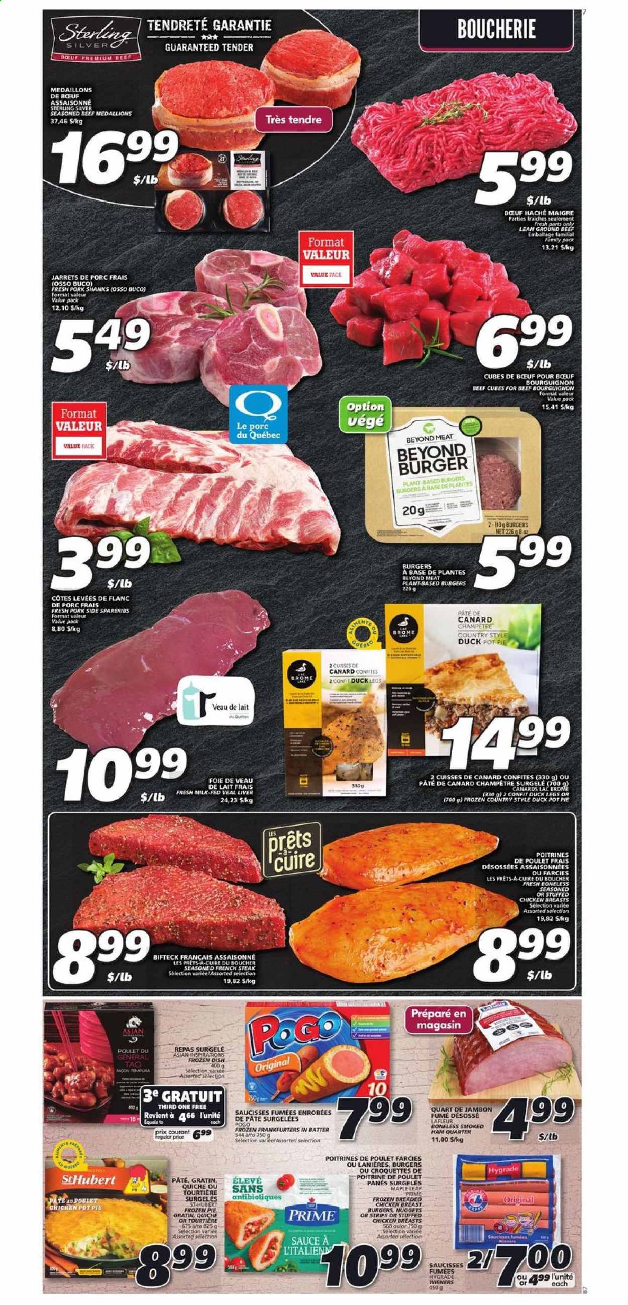 thumbnail - IGA Flyer - January 21, 2021 - January 27, 2021 - Sales products - pie, pot pie, nuggets, hamburger, sauce, stuffed chicken, ham, smoked ham, strips, potato croquettes, quiche, chicken, duck meat, duck leg, steak. Page 4.
