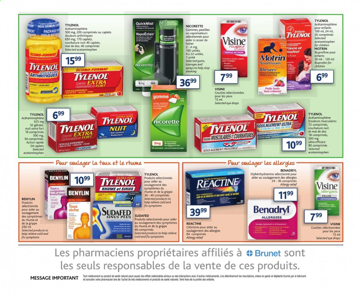 thumbnail - Brunet Flyer - January 21, 2021 - January 27, 2021 - Sales products - Nicorette, Sudafed, Tylenol, Ibuprofen, eye drops, Benylin, allergy relief, Motrin. Page 3.